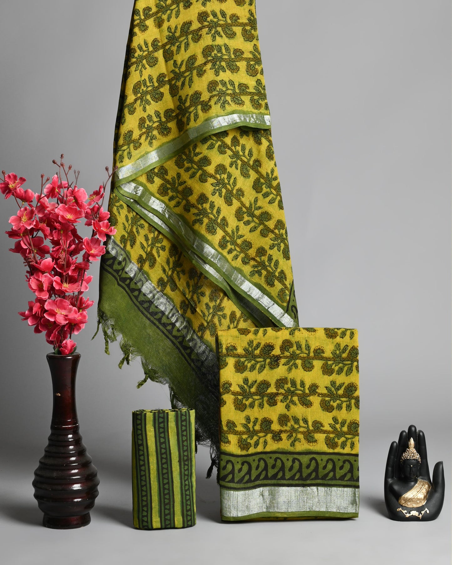 Linen Cotton Suit – Mustard Yellow & Green | Soft Fabric with Printed Dupatta