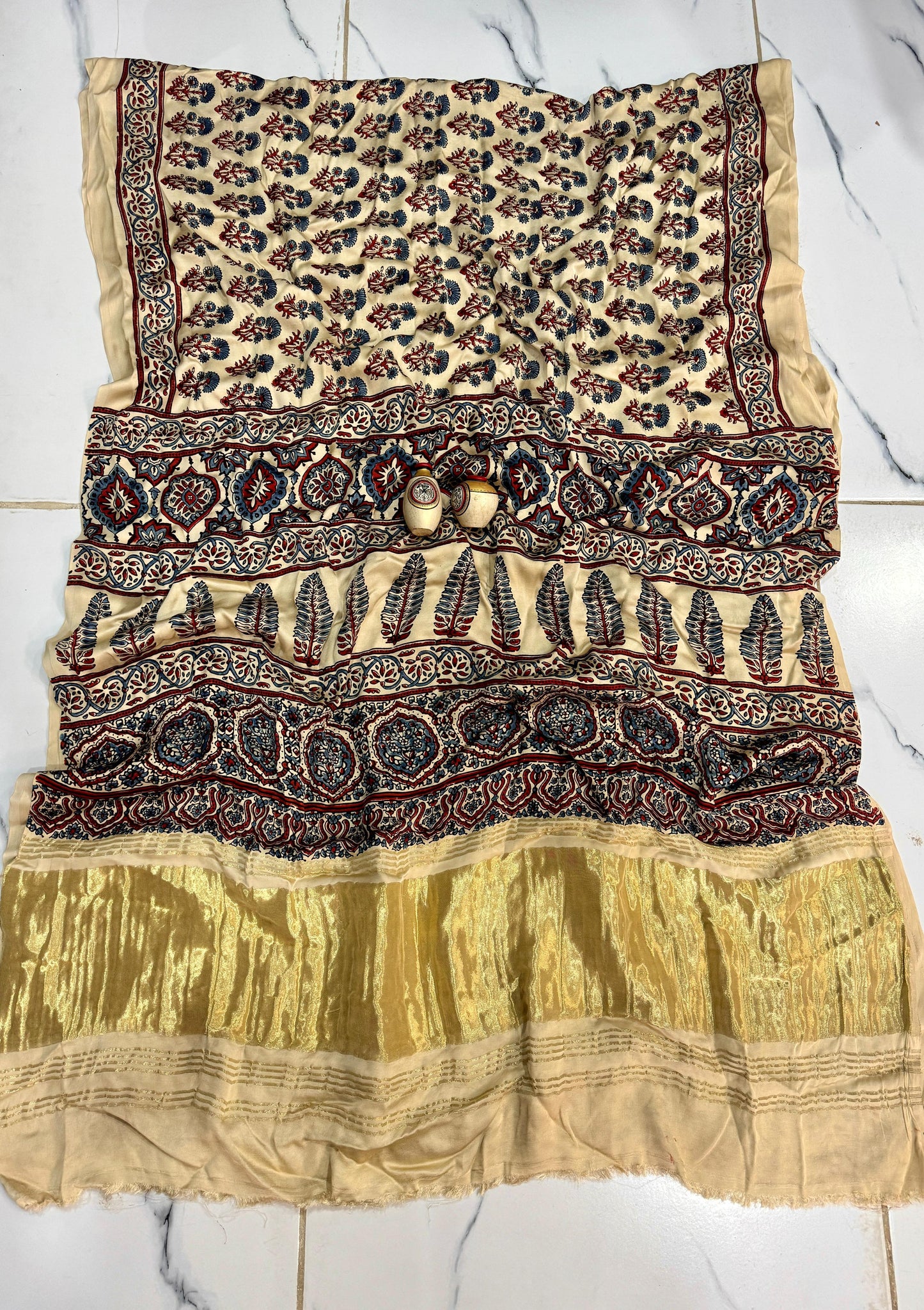 “Chandrika – Ivory Elegance in Ajrakh Print”