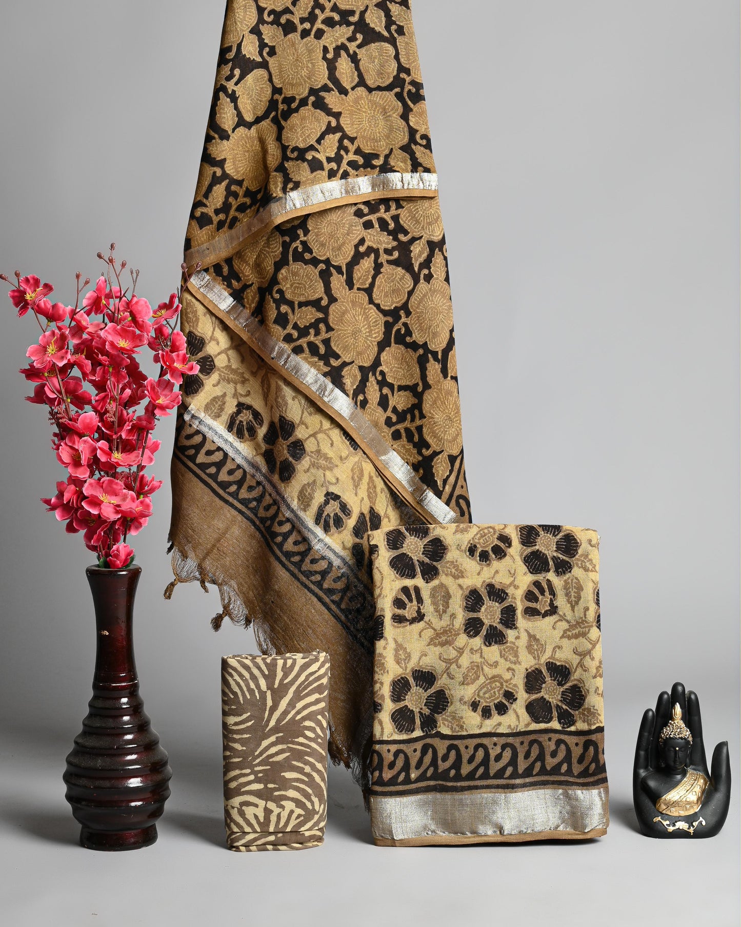 Brown & Antique Gold Woven Floral Linen Cotton Suit with Silver Border