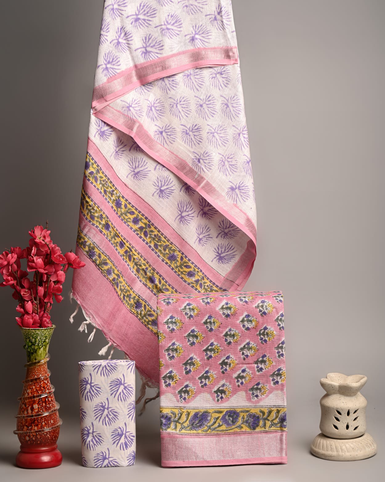 Pastel Pink & Purple Handblock Printed Linen Cotton Suit Set