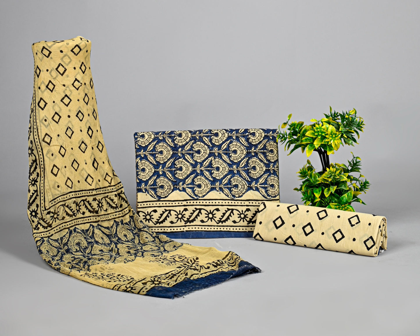 Blue & Cream Hand Block Cotton Suit Set with Chiffon Dupatta