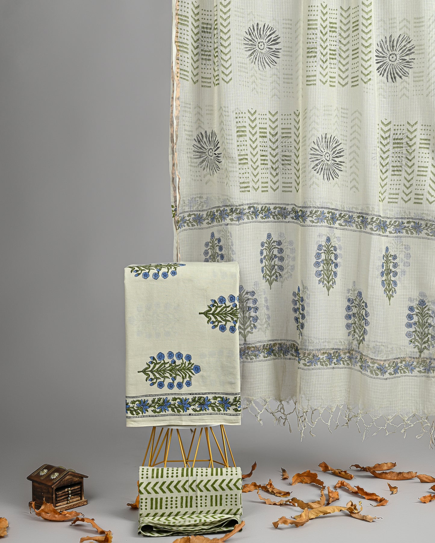 Handblock Printed Cotton Suit in Off-White with Kota Doria Dupatta