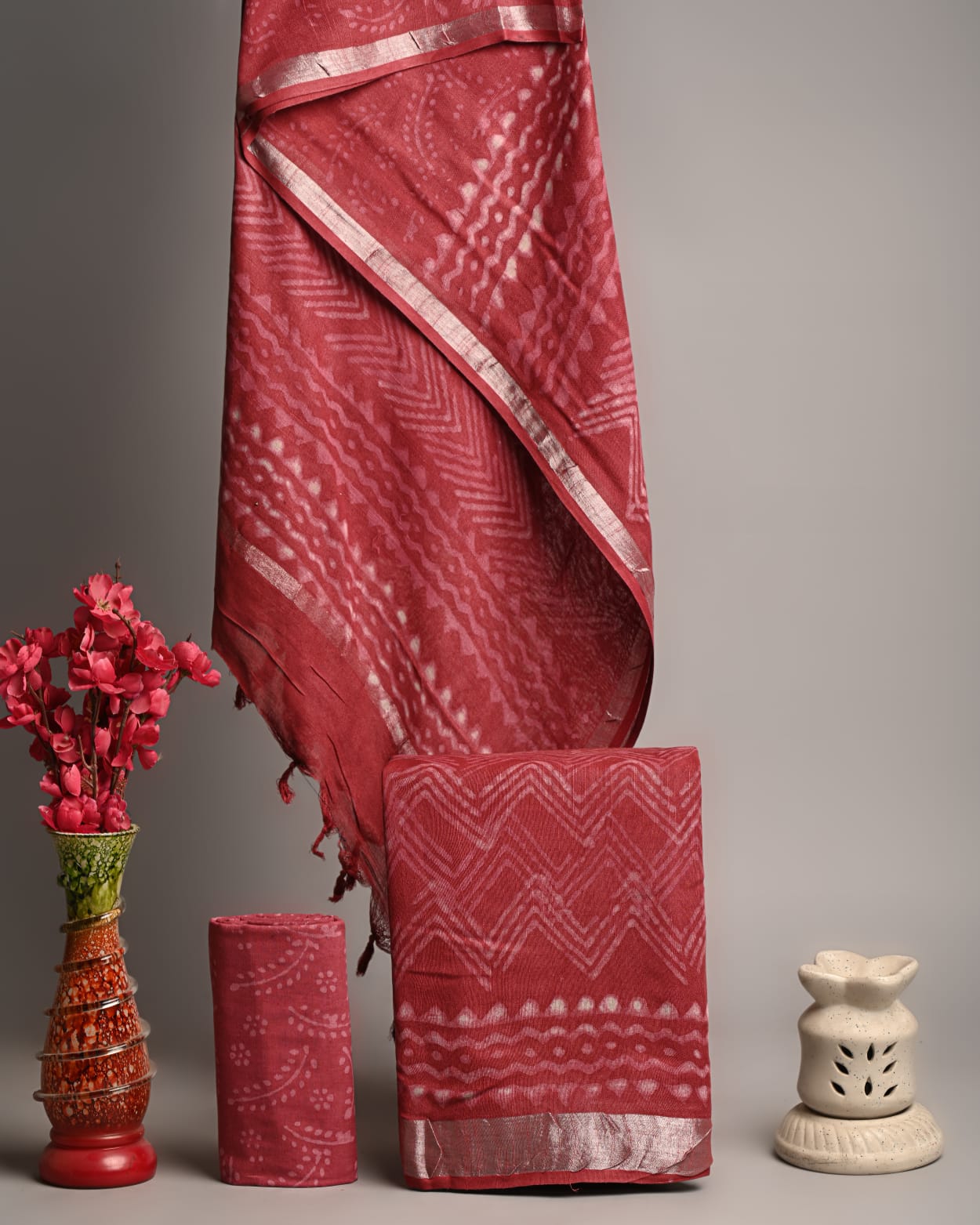 Elegant Red Dabu Printed Linen Cotton Suit Set with Zari Border