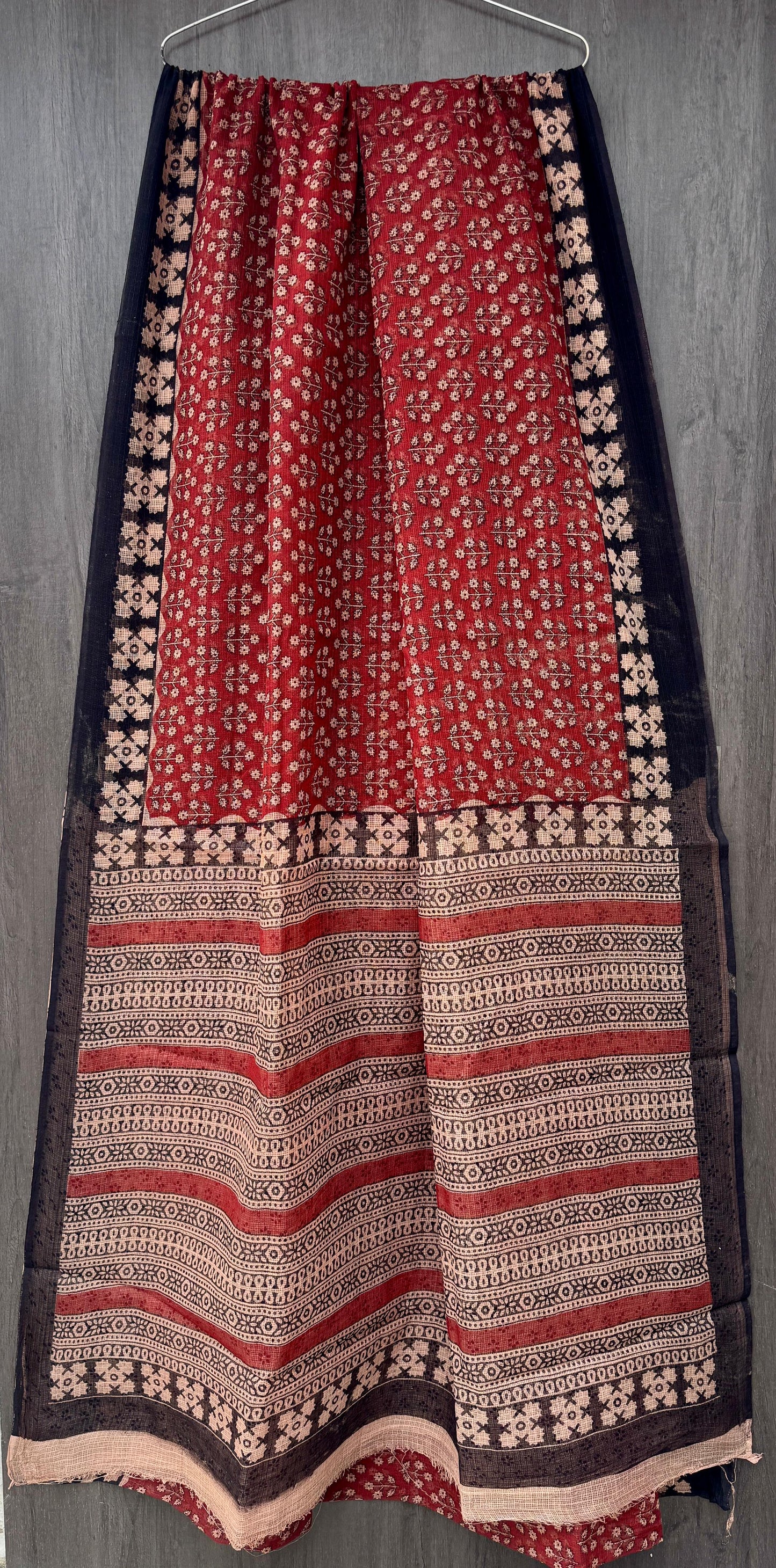 “Saanjh Dhara - Handblock Maroon Kota Cotton Saree”