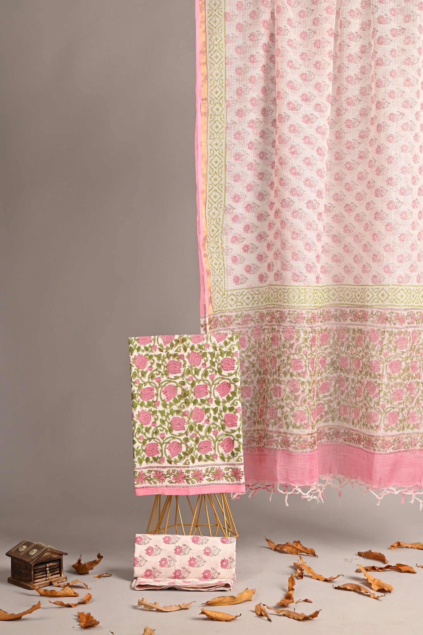 Gulnaar – Pink Handblock Cotton Suit with Kota Doria Dupatta