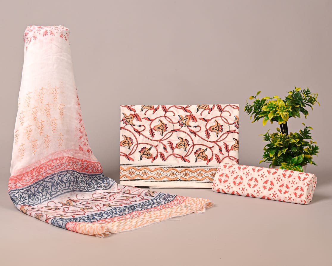 đ¸ Elegant Ivory & Red Block Print Cotton Suit Set with Chiffon Dupatta