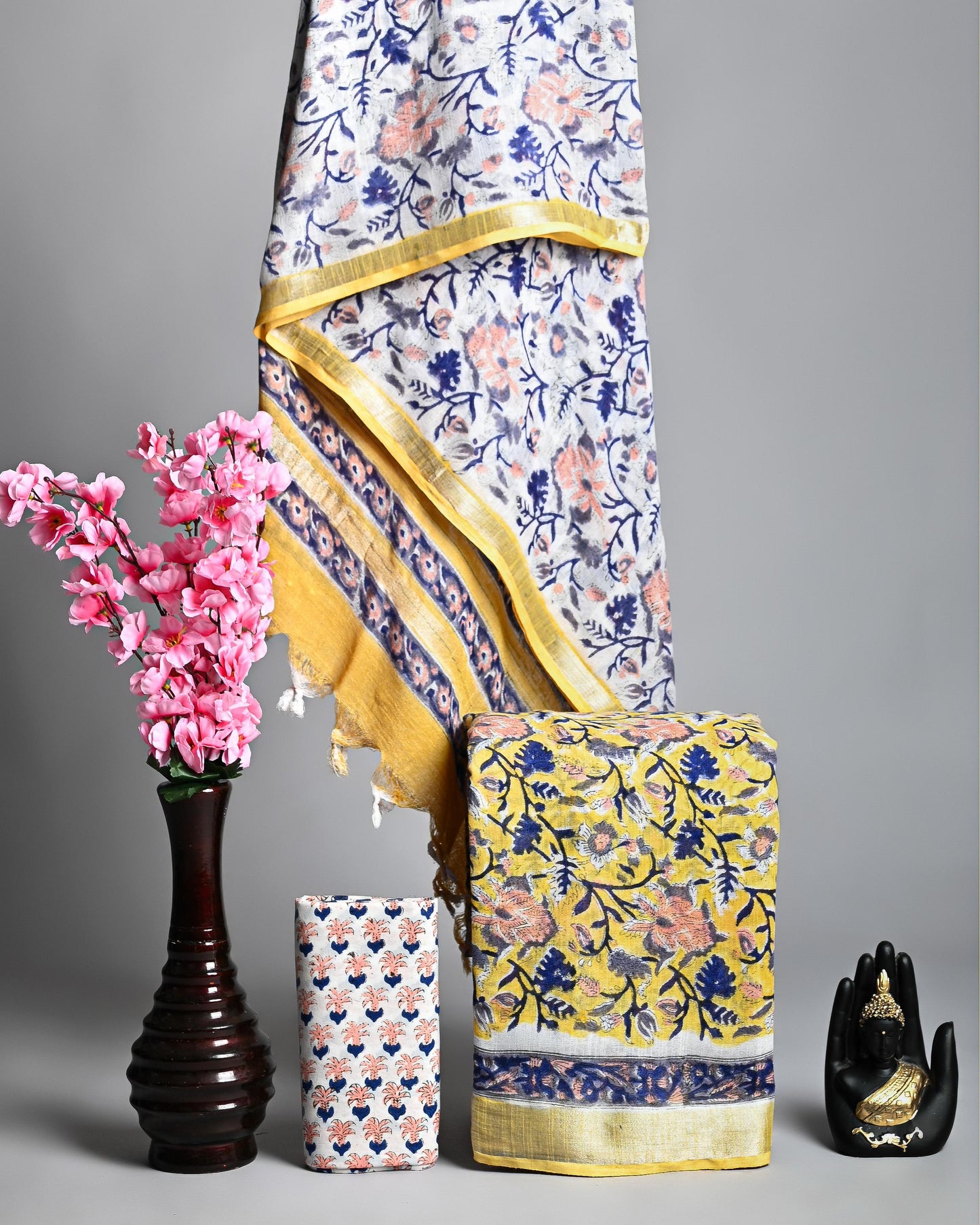 Linen Cotton Suit – Yellow Blue Floral Print | Soft Summer Fabric | लिनन कॉटन सूट सेट