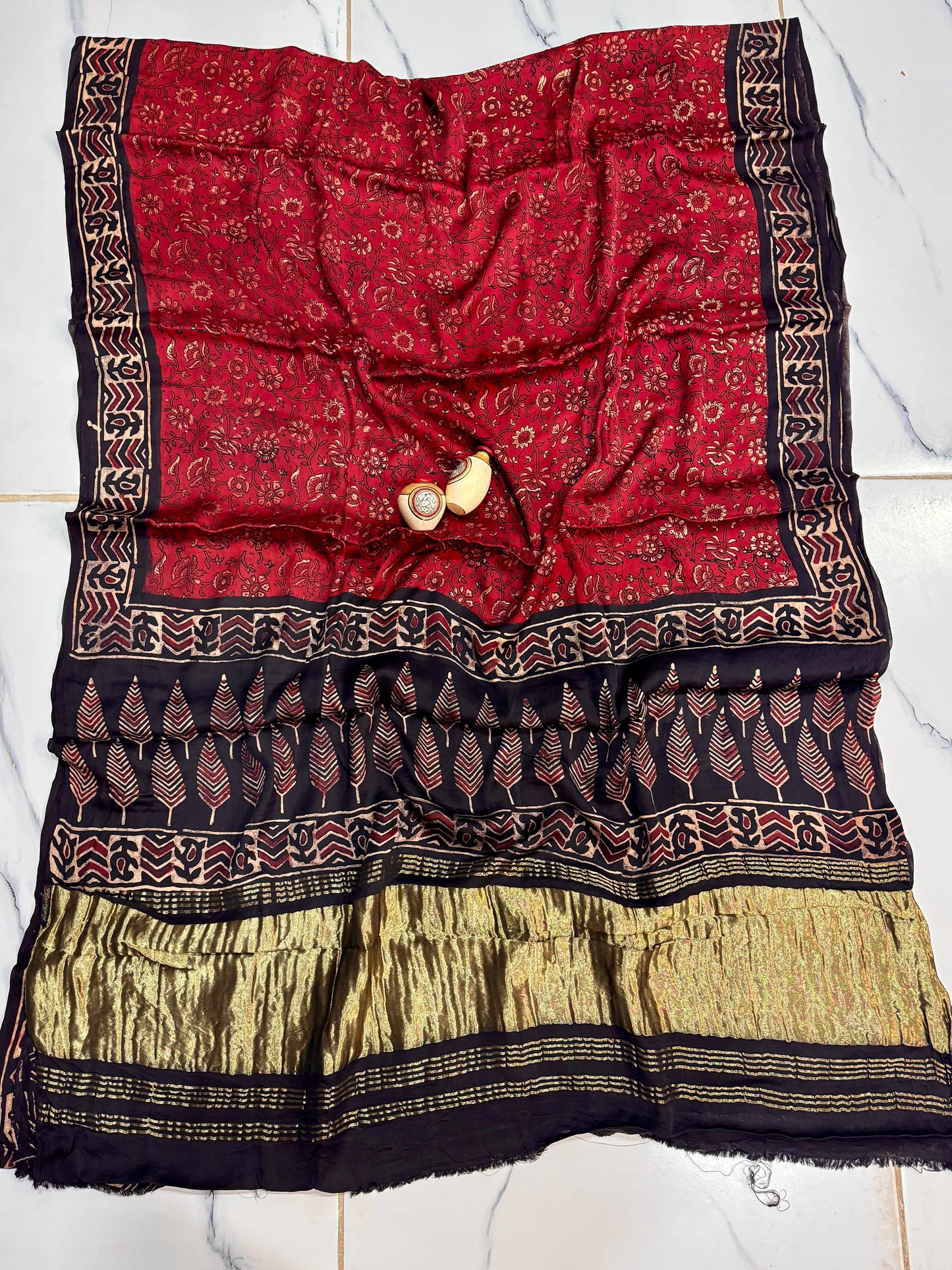 “Tehzeeb – Red & Black Ajrakh Saree with Gold Tissue Grace”