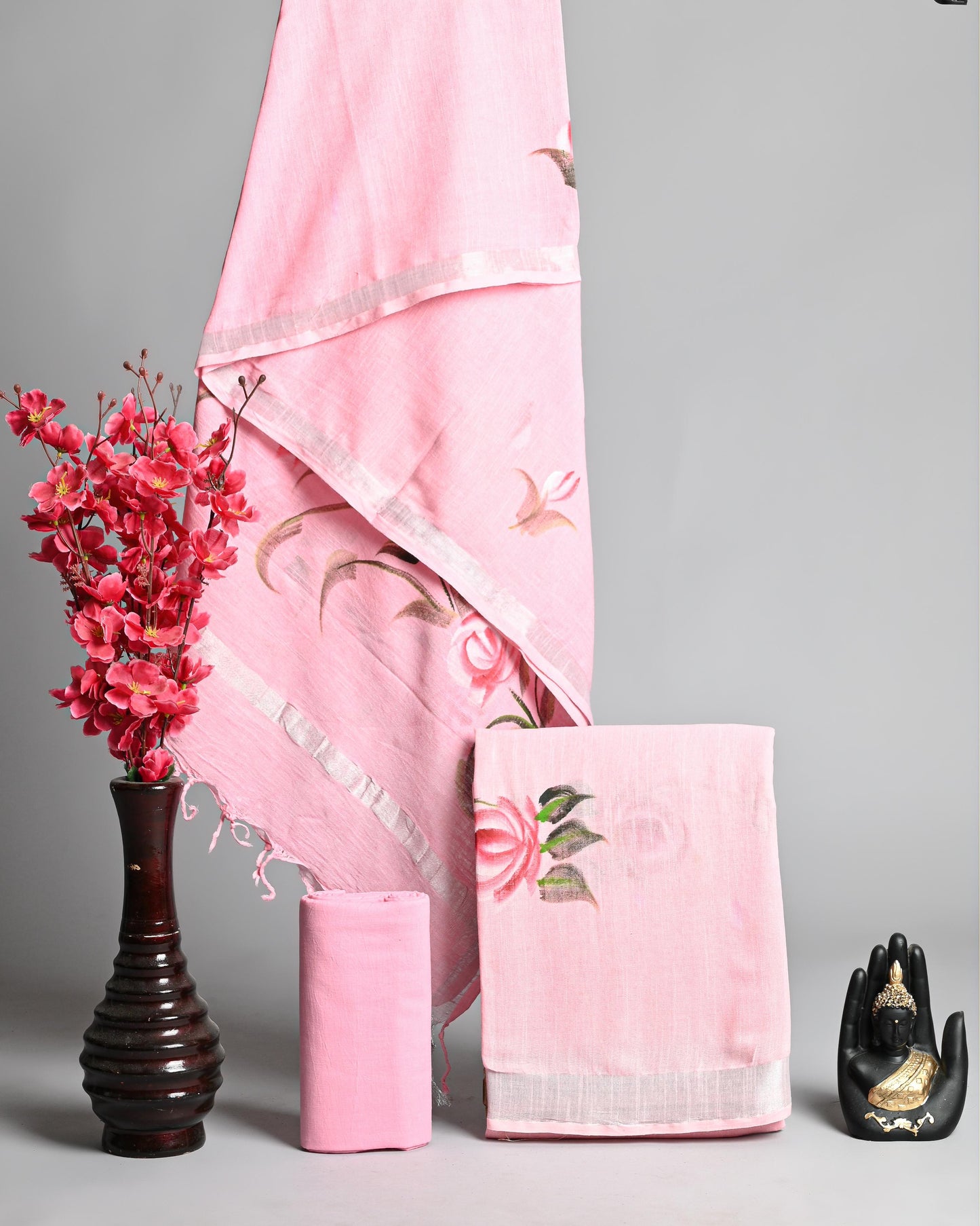 Blush Pink Hand-Painted Cotton Suit with Silver Border