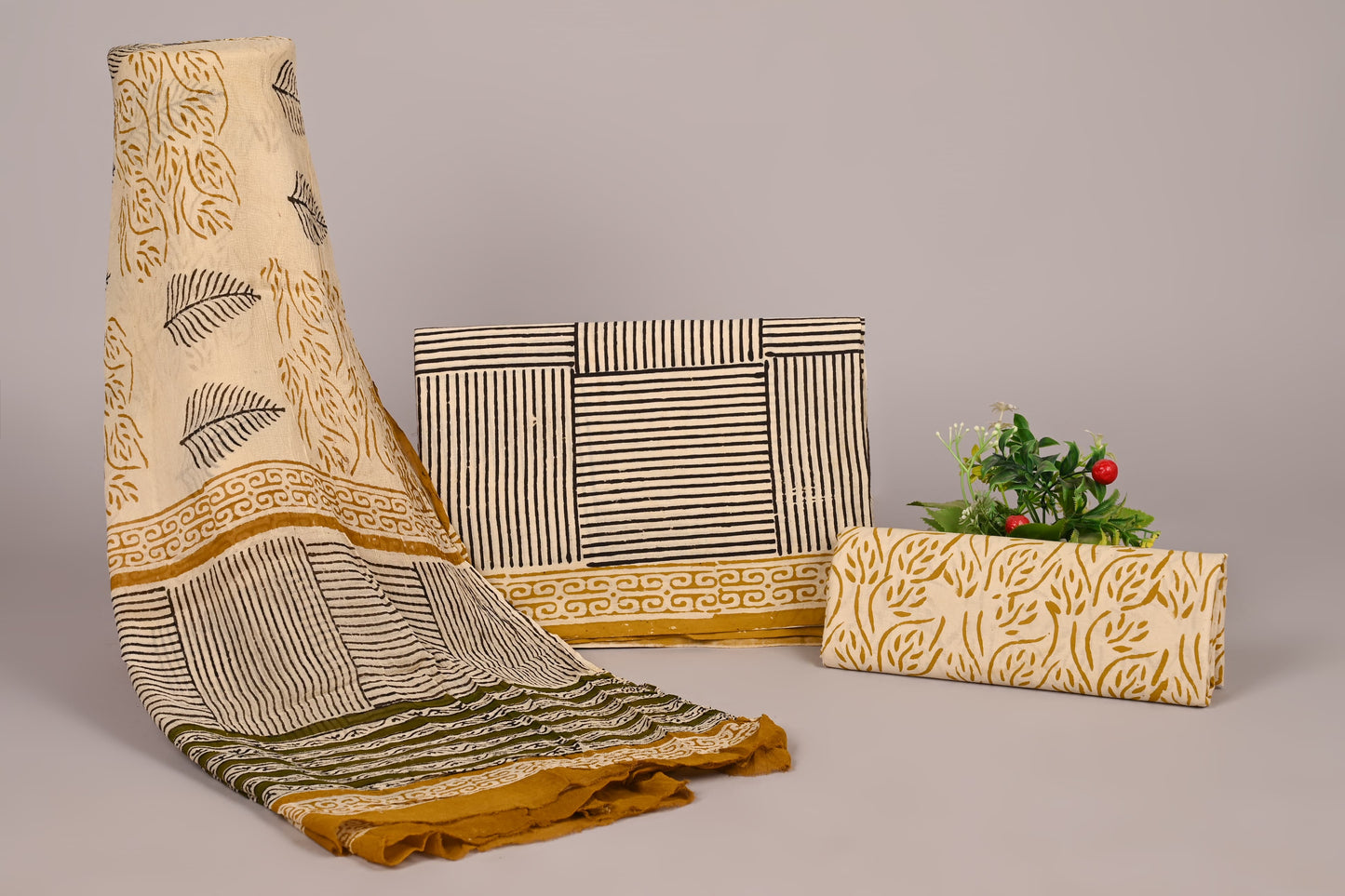 Mustard Leaf & Stripe Handblock Printed Cotton Suit Set with Chiffon Dupatta