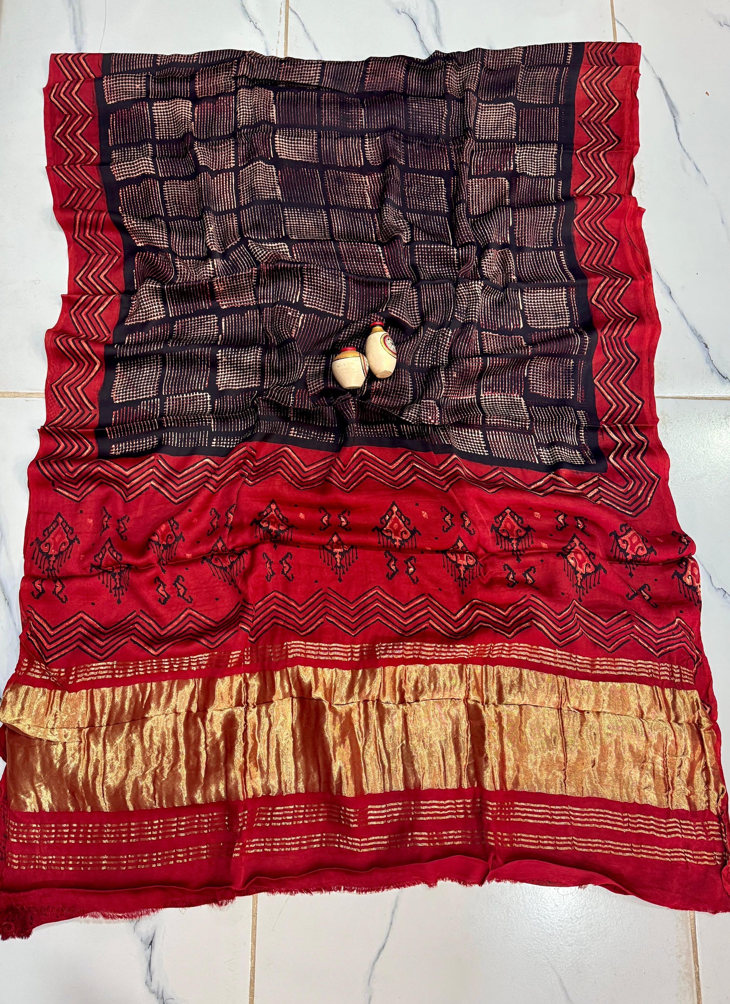 “Noor – Red & Black Ajrakh Saree with Gold Tissue Elegance”