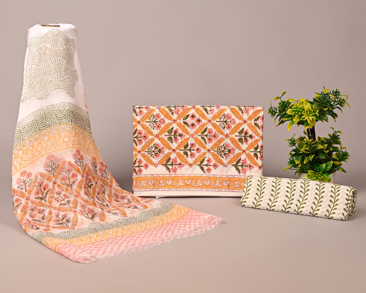 🌿 Peach & Olive Green Block Printed Cotton Suit Set with Chiffon Dupatta