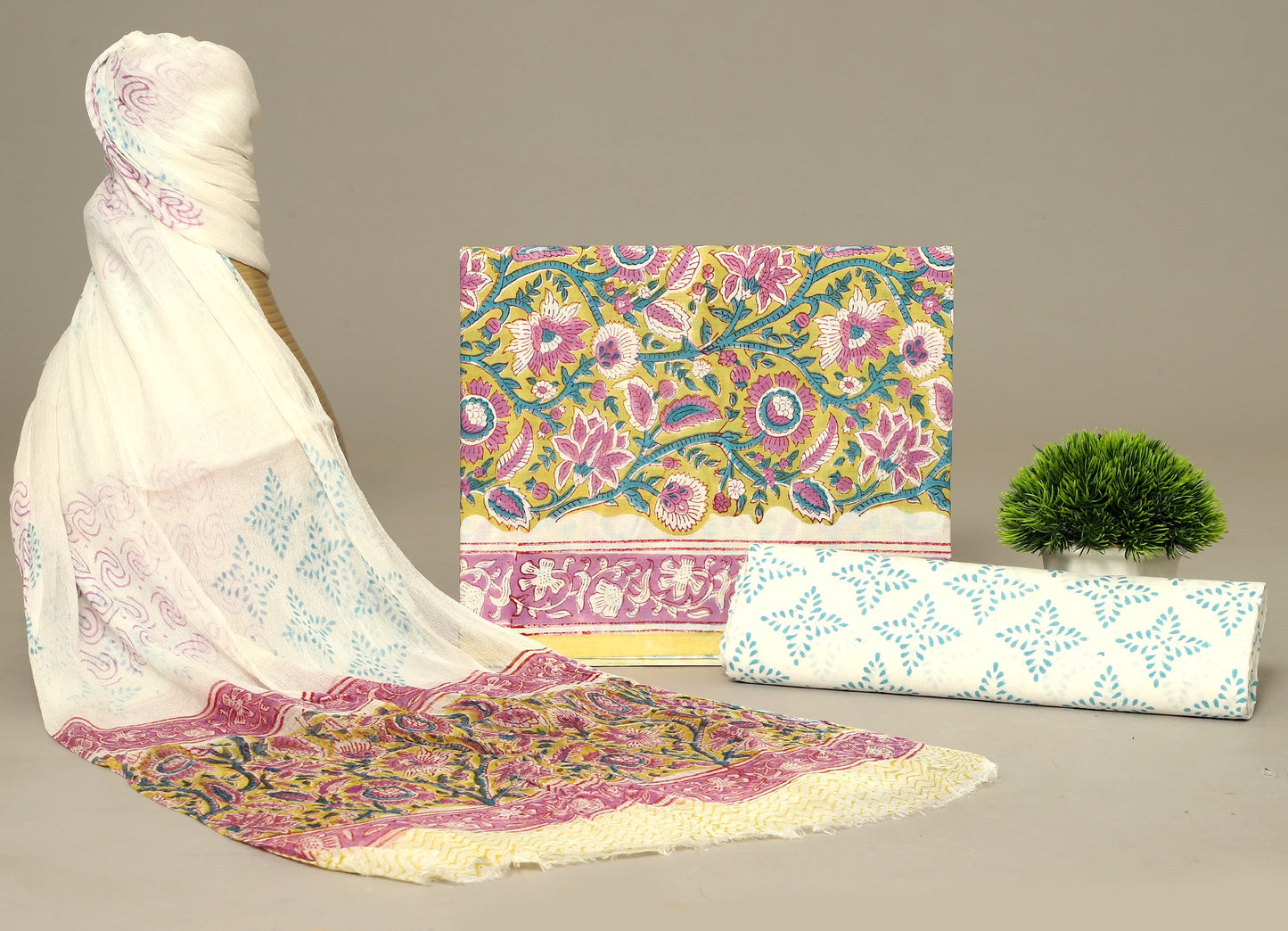 Multicolor Floral Cotton Suit Set with Chiffon Dupatta