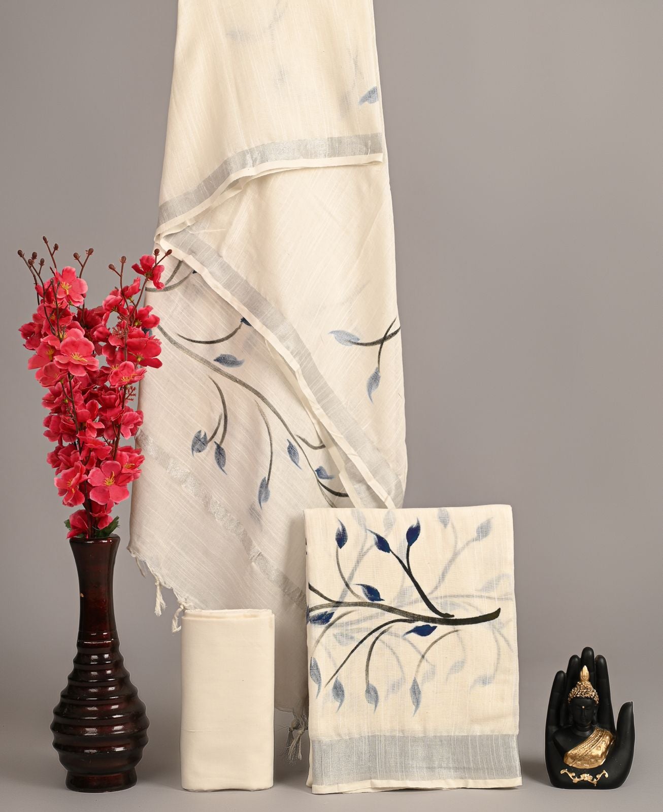 Ivory Hand-Painted Blue Leaf Cotton Suit Set with Silver Border