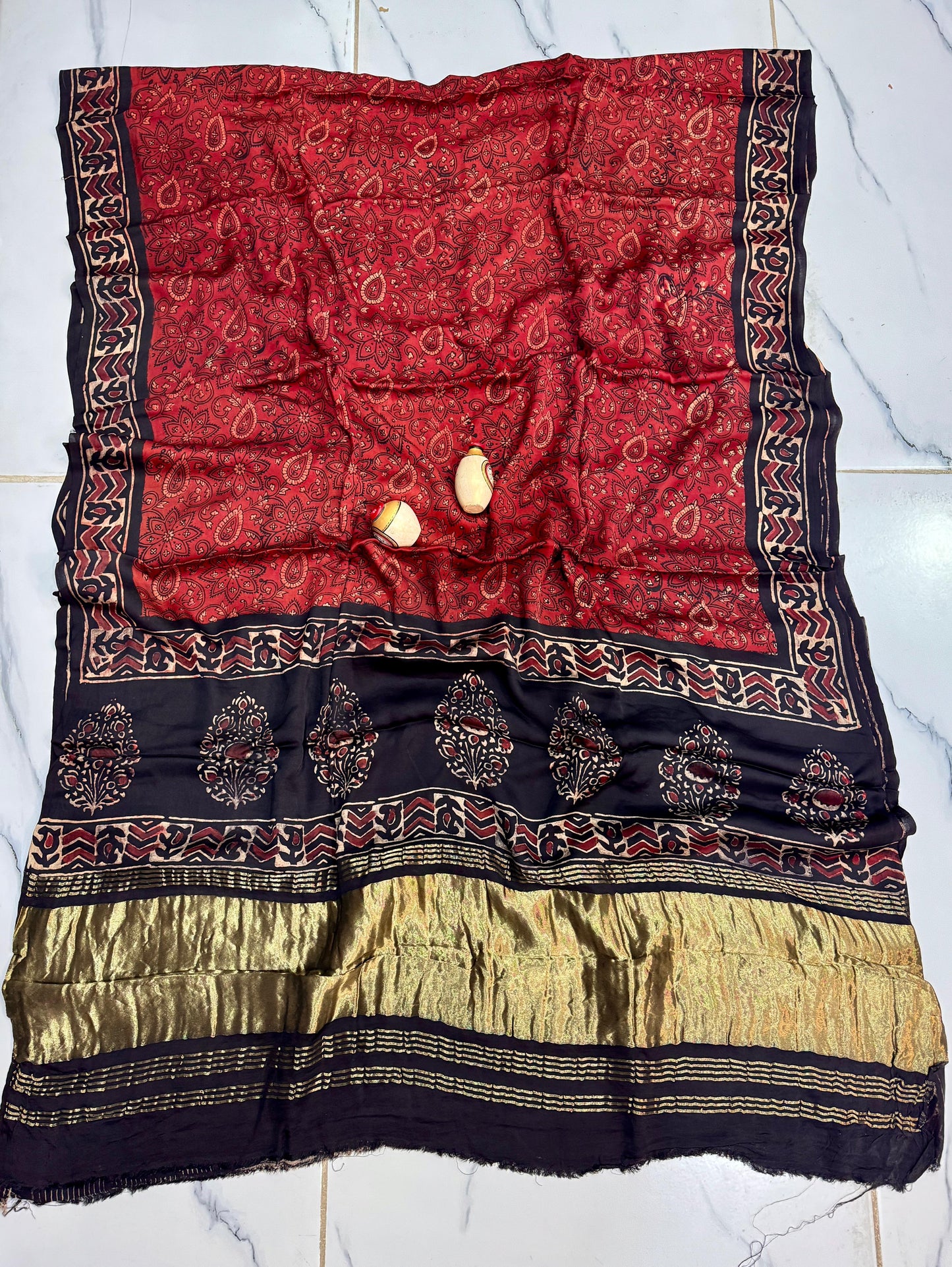 “Aabroo – Festive Ajrakh Modal Saree with Zari Tissue Pallu + Blouse”