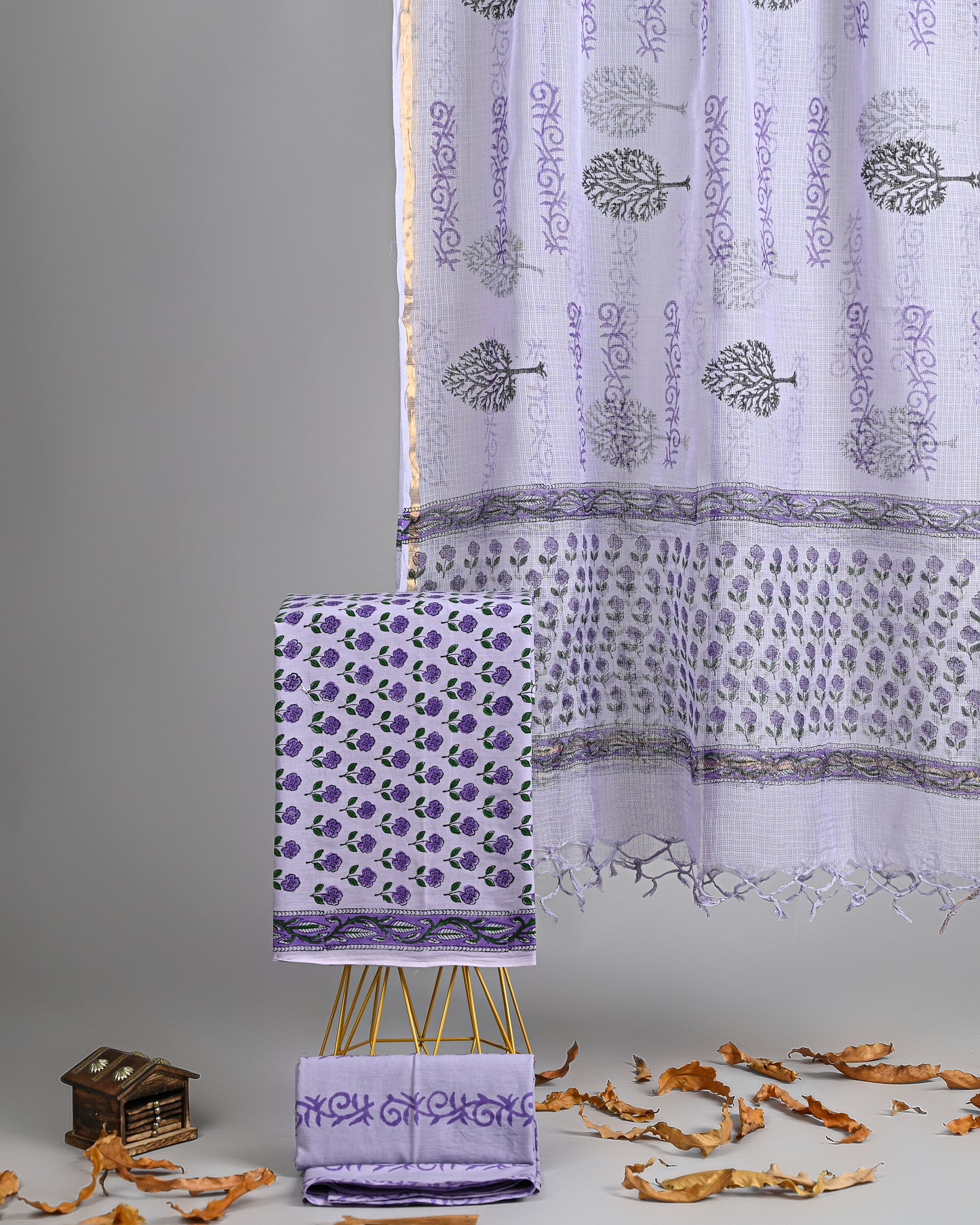 Lavender Garden – Handblock Cotton Suit with Kota Doria Dupatta