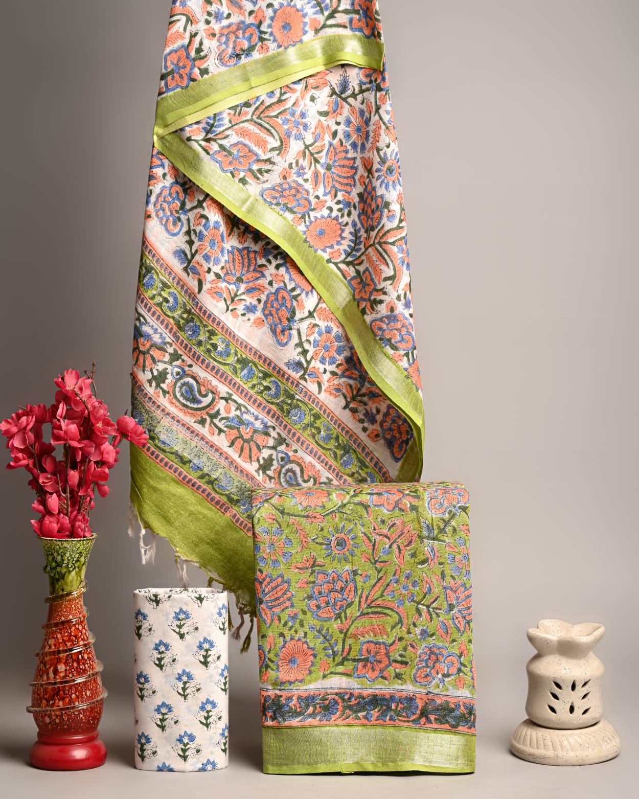 Lime Green & Floral Garden Handblock Cotton Suit Set