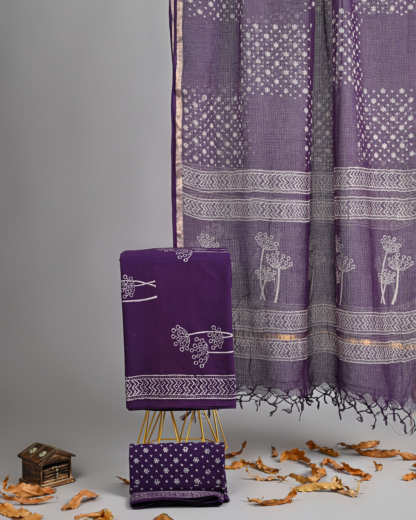 Handblock Printed Cotton Suit in Deep Purple with Kota Doria Dupatta