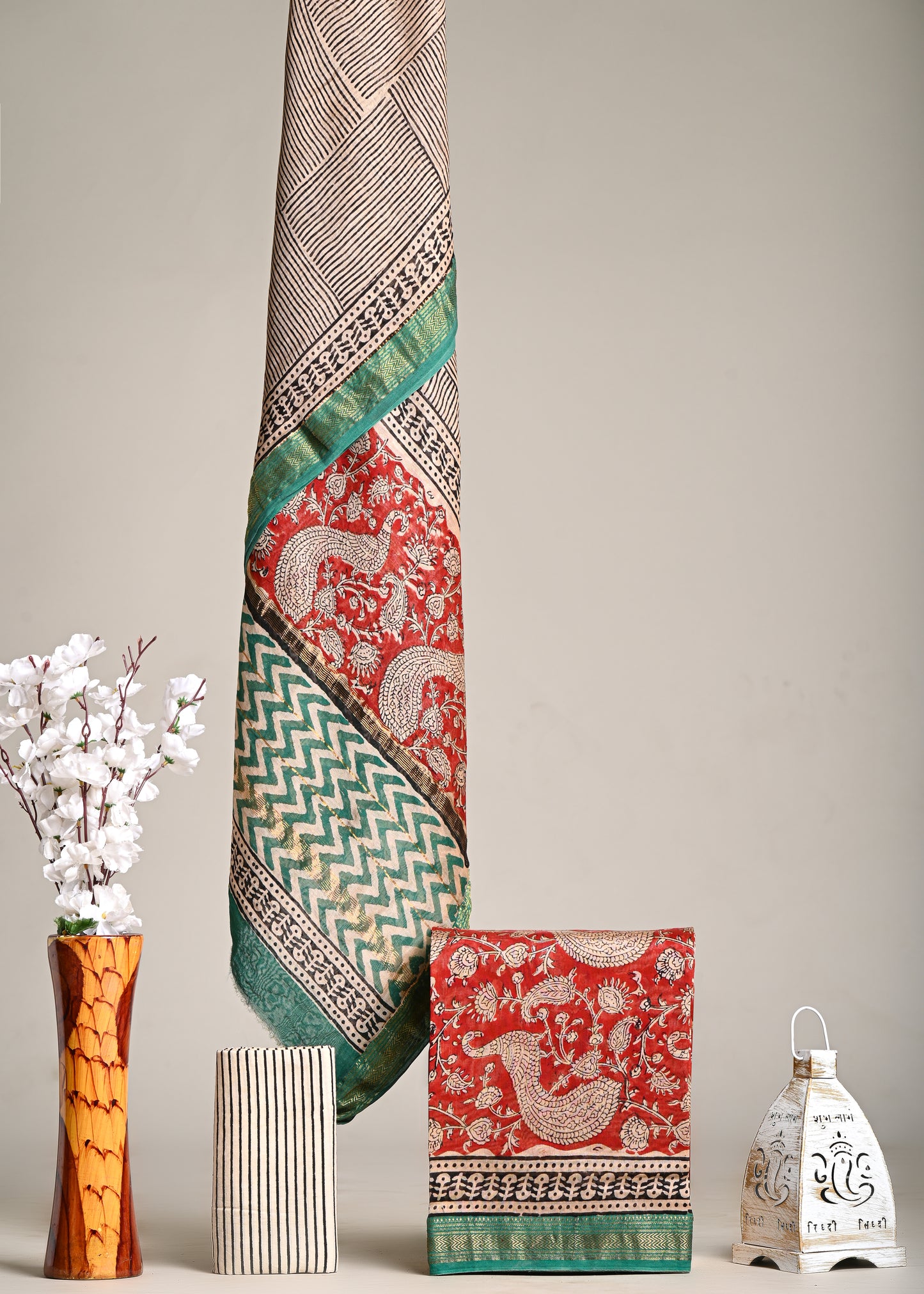 Peacock Motif Maheshwari Silk Handblock Printed Suit – Red & Green Elegance