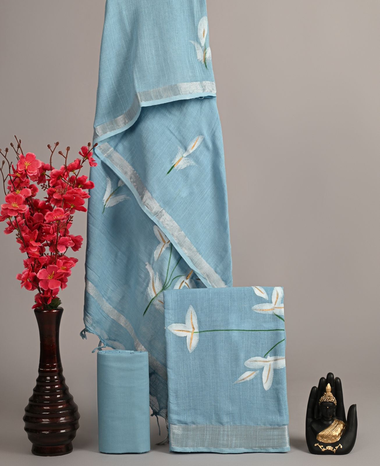 Sky Blue Hand-Painted Lily Cotton Suit Set with Silver Border