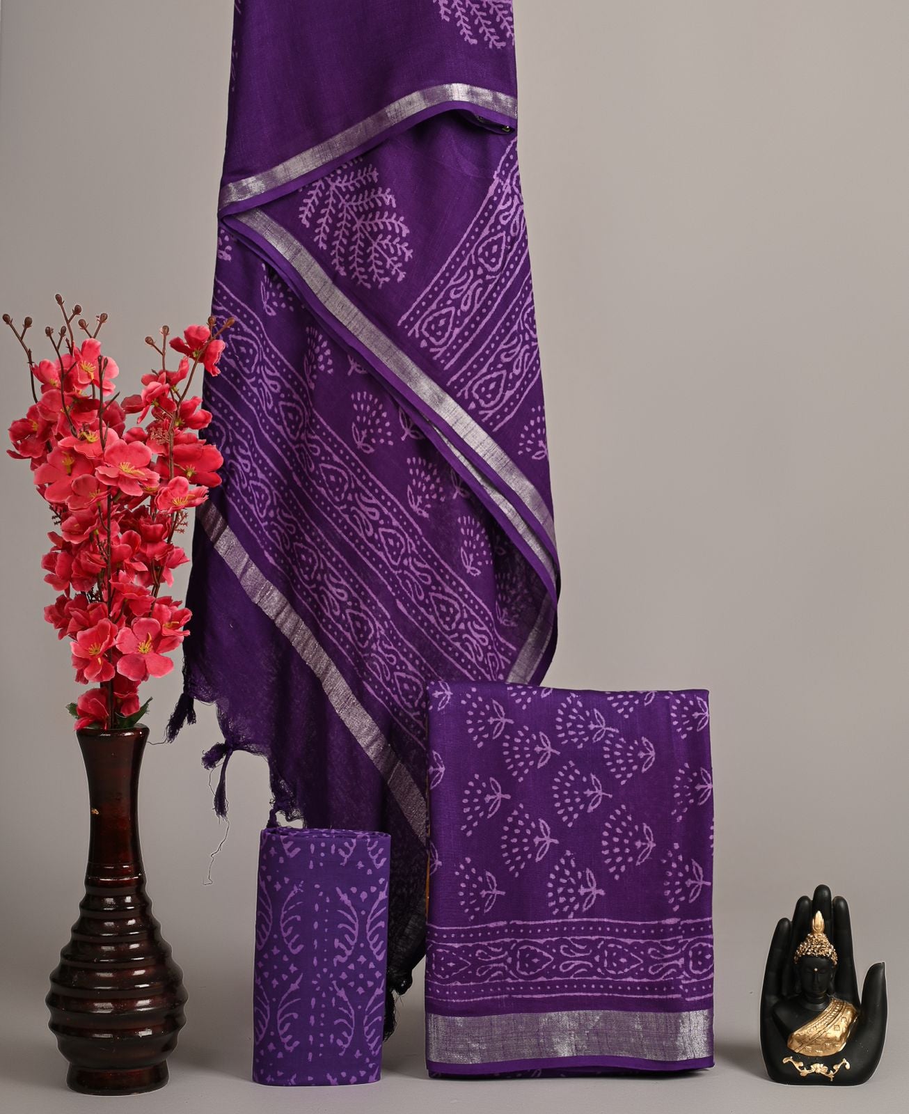Royal Purple Batik Linen Cotton Suit with Silver Border