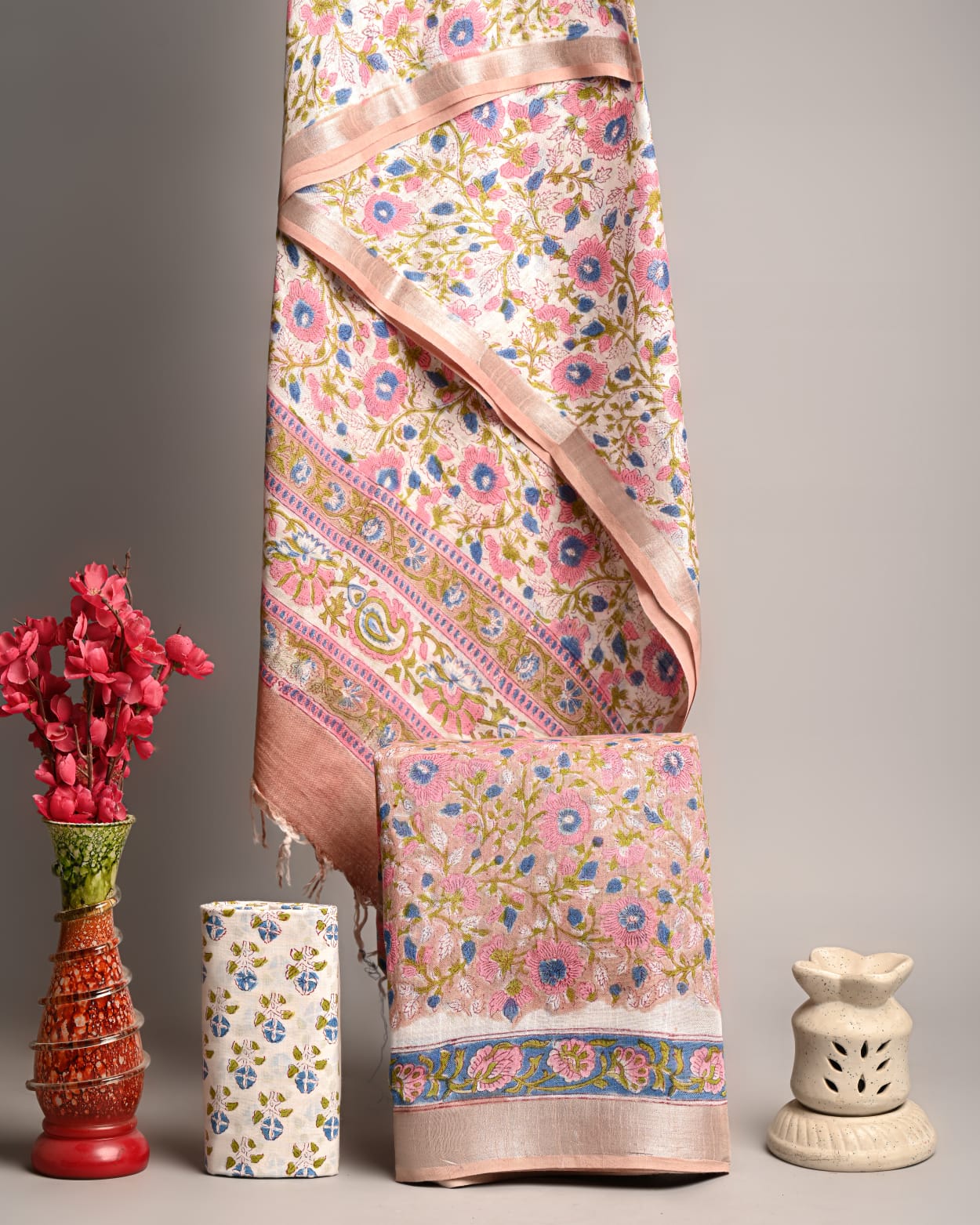 Elegant Floral Embroidered Linen Cotton Suit Set in Soft Pink & Pastel Shades