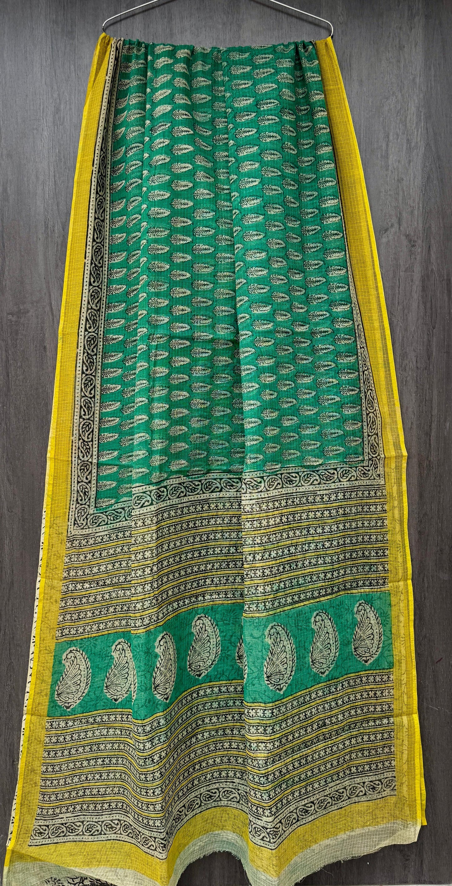 “Hari Vastra - Handblock Cotton Kota Saree in Green & Yellow”