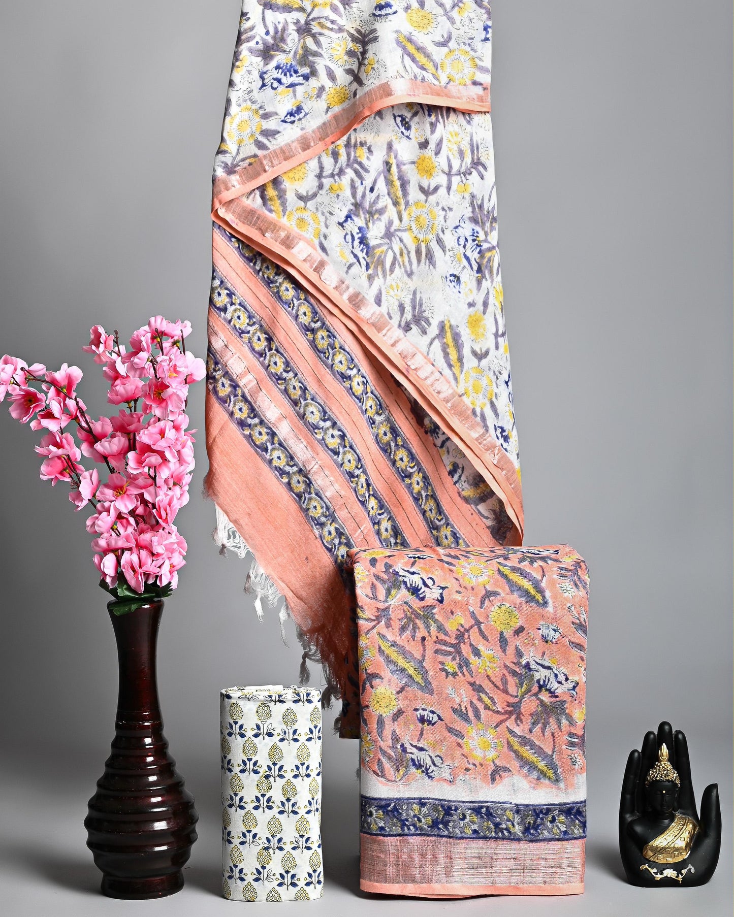 Linen Cotton Suit – Peach Yellow Floral Print with White Dupatta | Summer Wear | लिनन कॉटन सूट