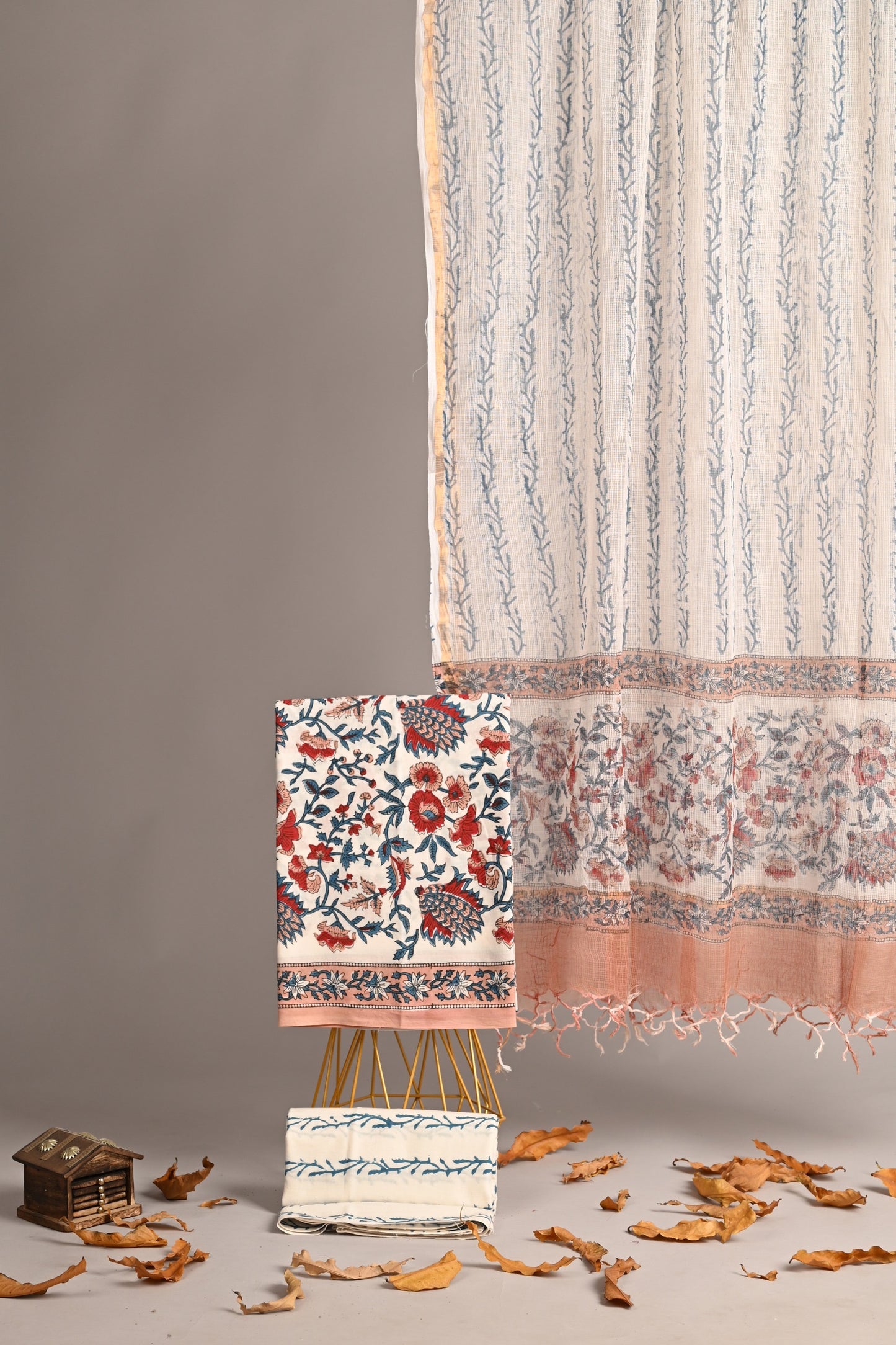 Aangan – Ivory Red Handblock Cotton Suit with Kota Doria Dupatta