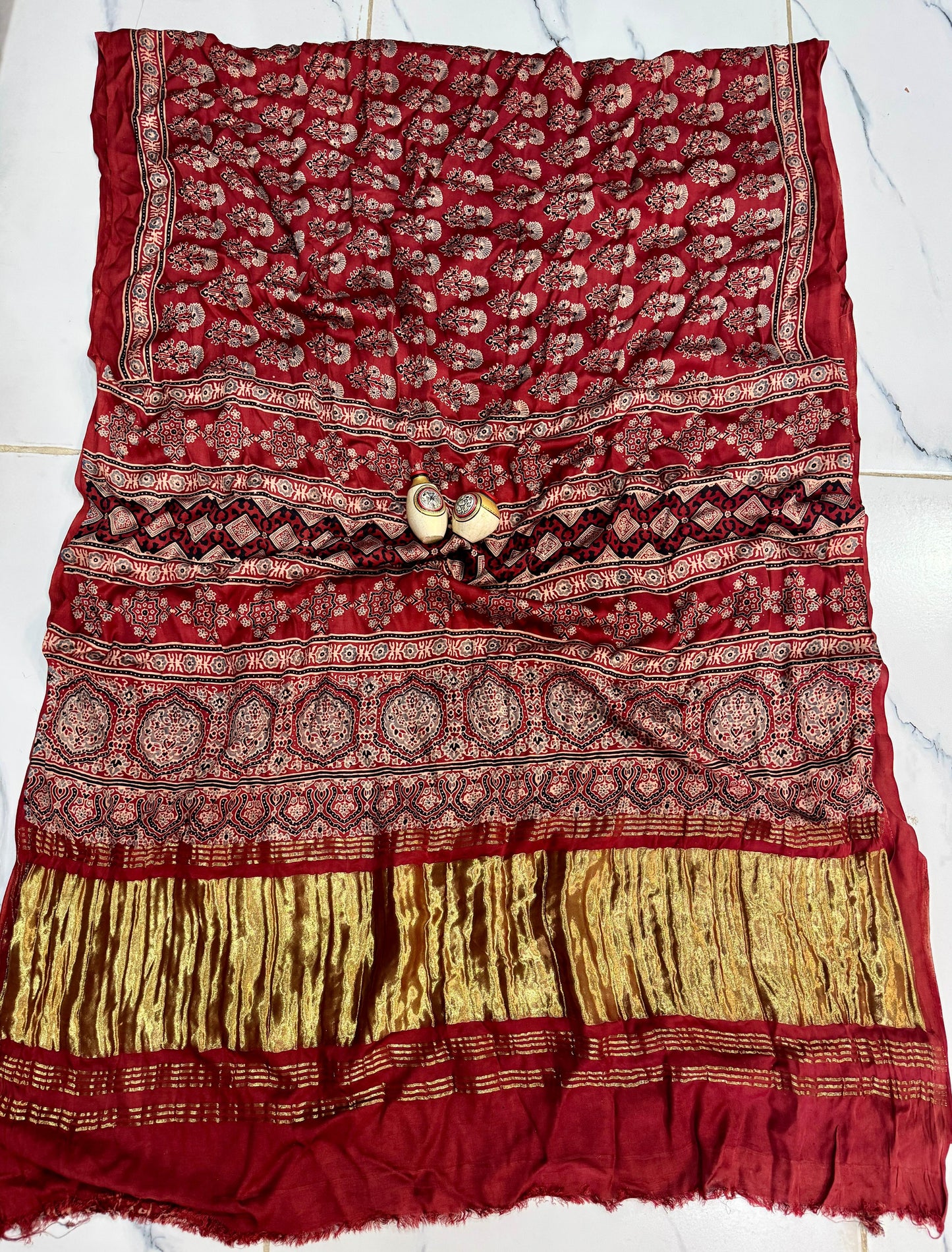 “Raktima – Maroon Ajrakh Saree with Golden Pallu”