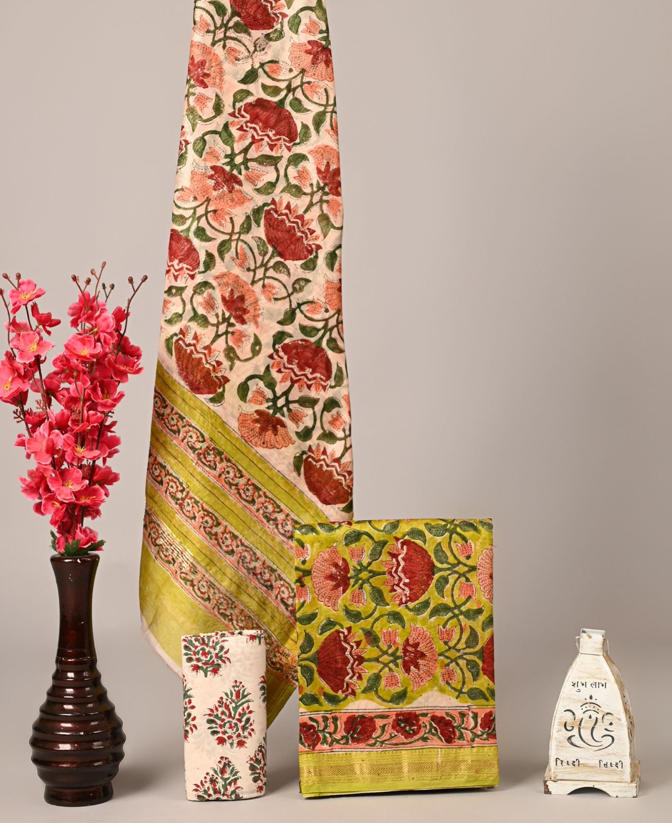 Peach-Red Floral Handblock Printed Maheshwari Silk Suit on Green Base