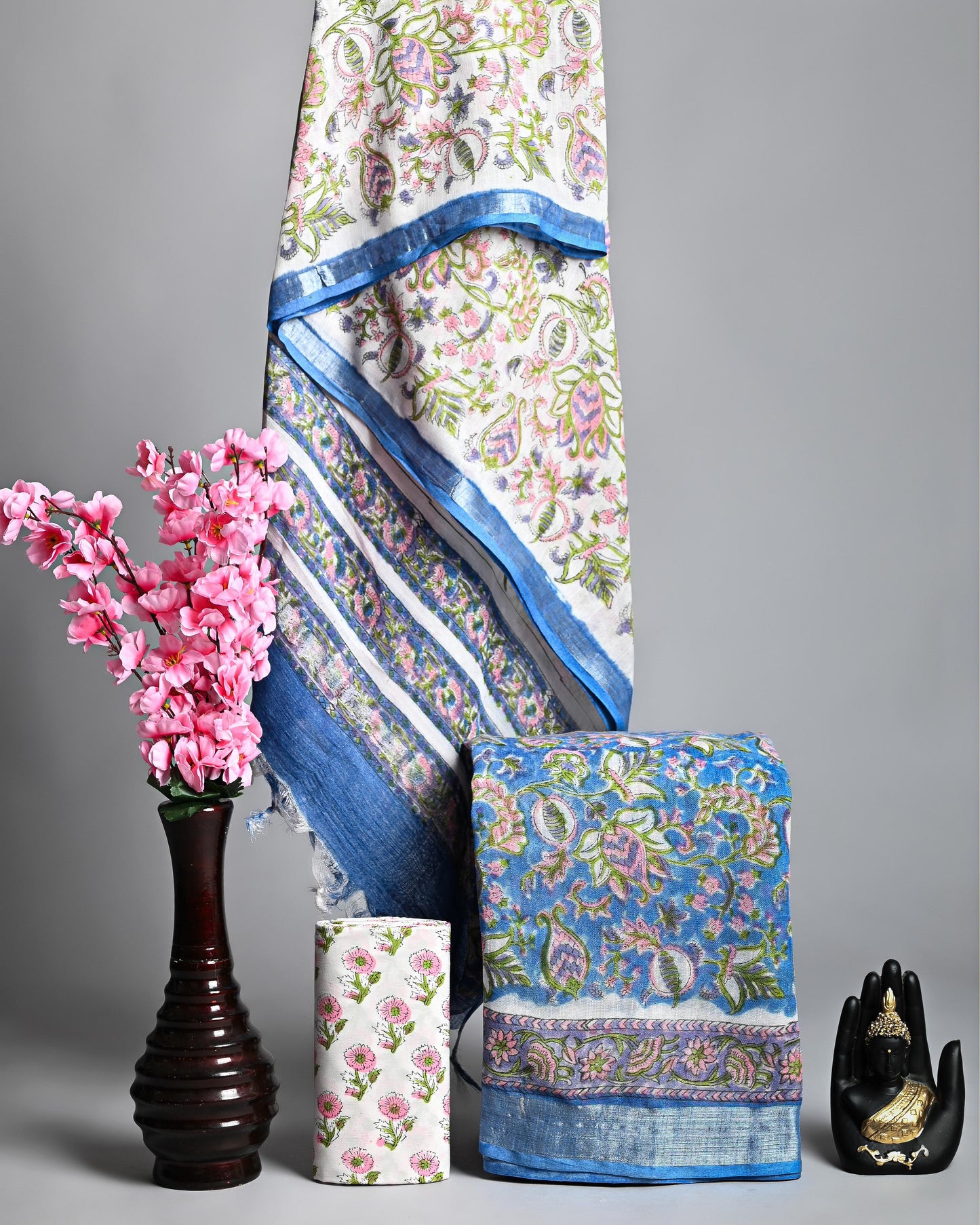 Linen Cotton Suit – Blue & White Pastel Floral Print | Elegant Summer Ethnic Wear | लिनन कॉटन सूट