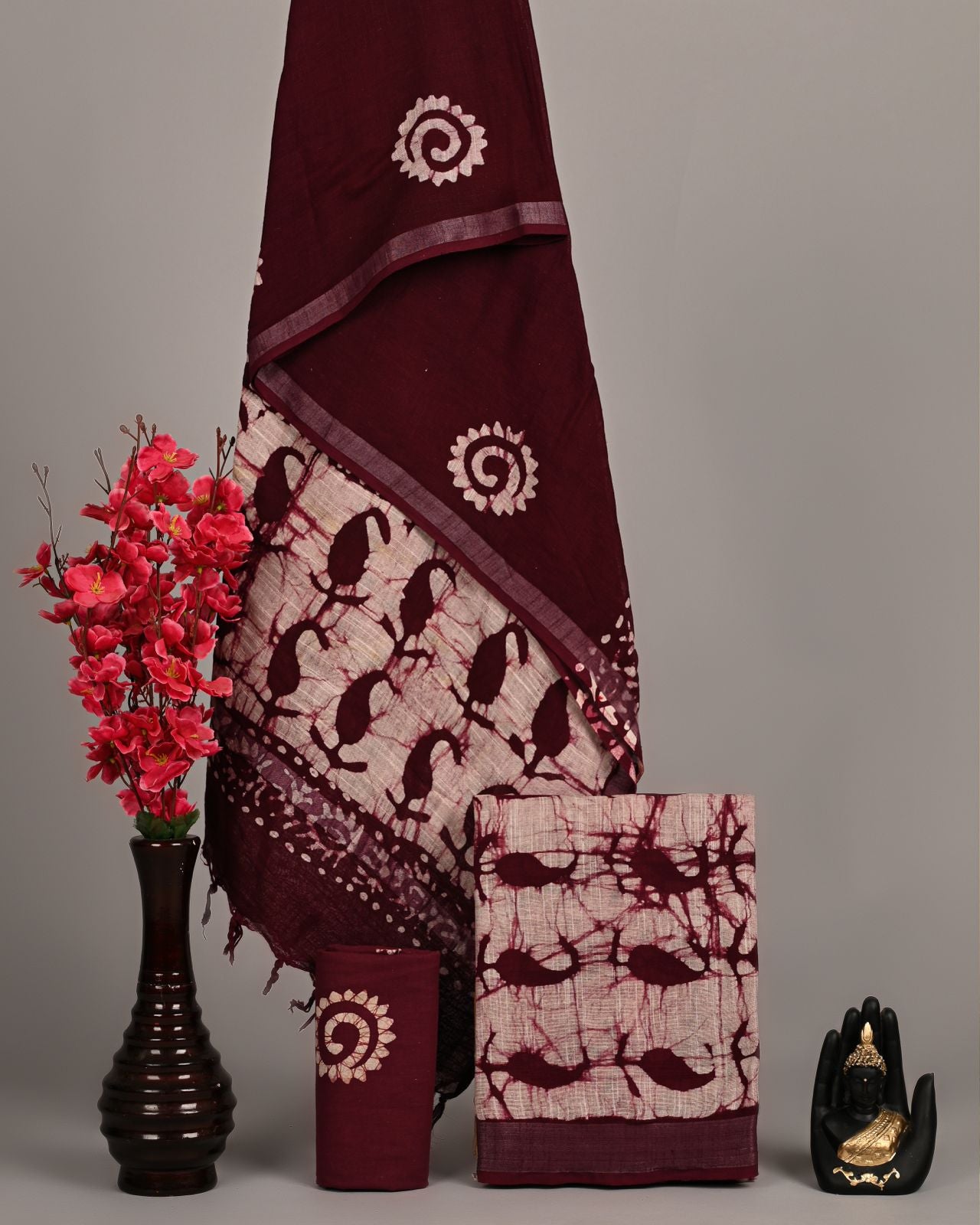 Maroon Batik Print Cotton Suit Set with Tortoise Motifs