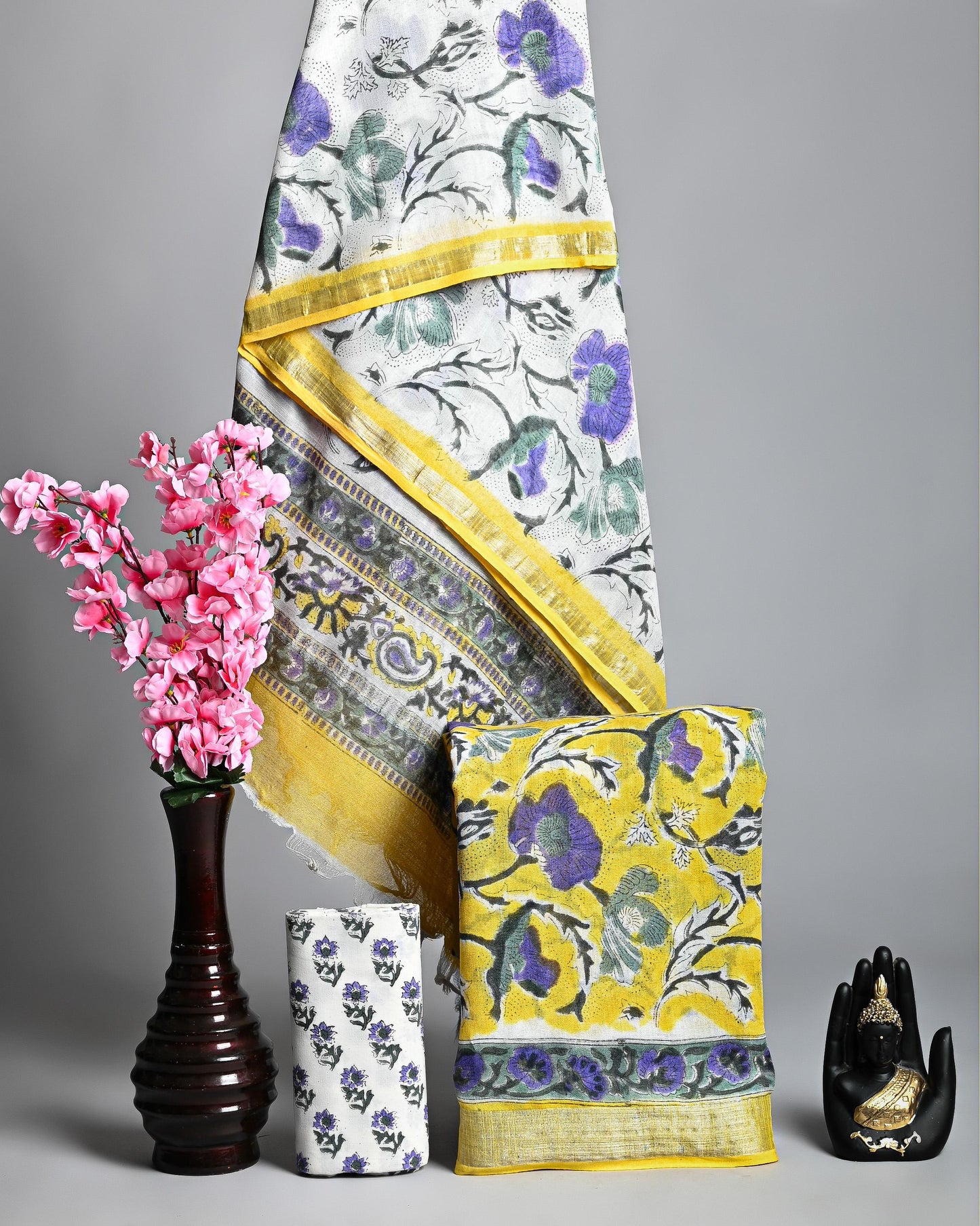 Linen Cotton Suit – Yellow & White Floral Print | Elegant Ethnic Wear | लिनन कॉटन सूट