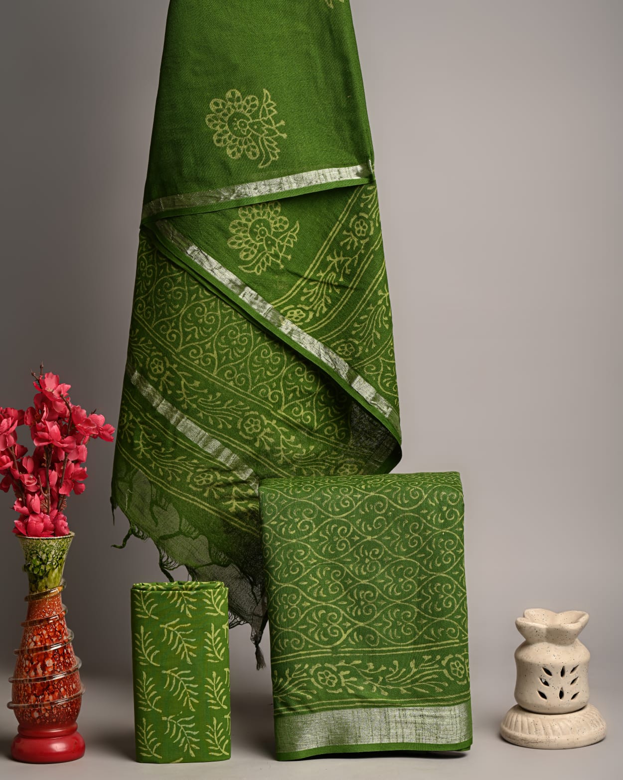 Elegant Green Handblock Printed Linen Cotton Suit Set