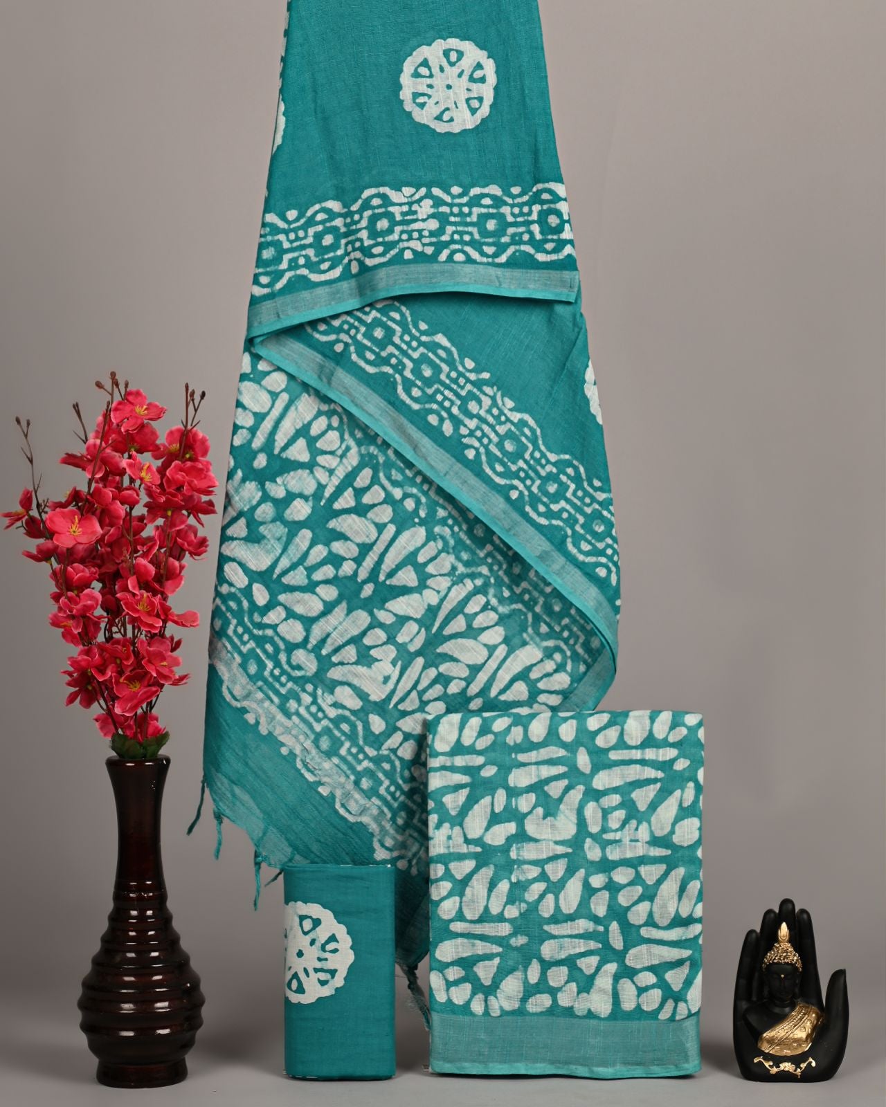 Teal Green Hand Batik Cotton Suit Set with Abstract Motifs