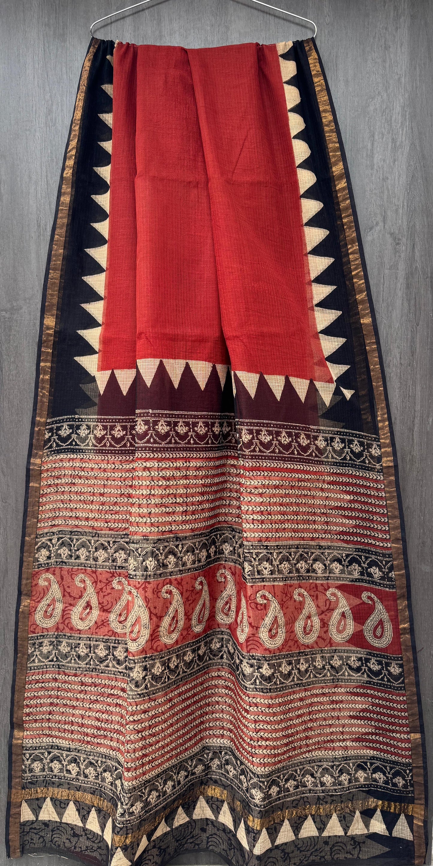 “Raktima” – Red & Black Heritage Handblock Kota Doria Saree