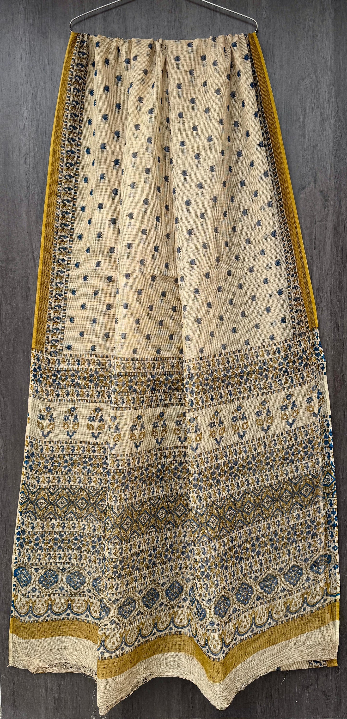 “Varnika” – Beige & Mustard Handblock Kota Doria Saree
