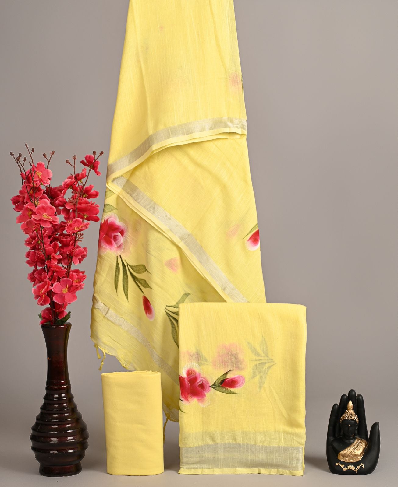 Lemon Yellow Hand-Painted Linen Cotton Suit with Silver Zari Border