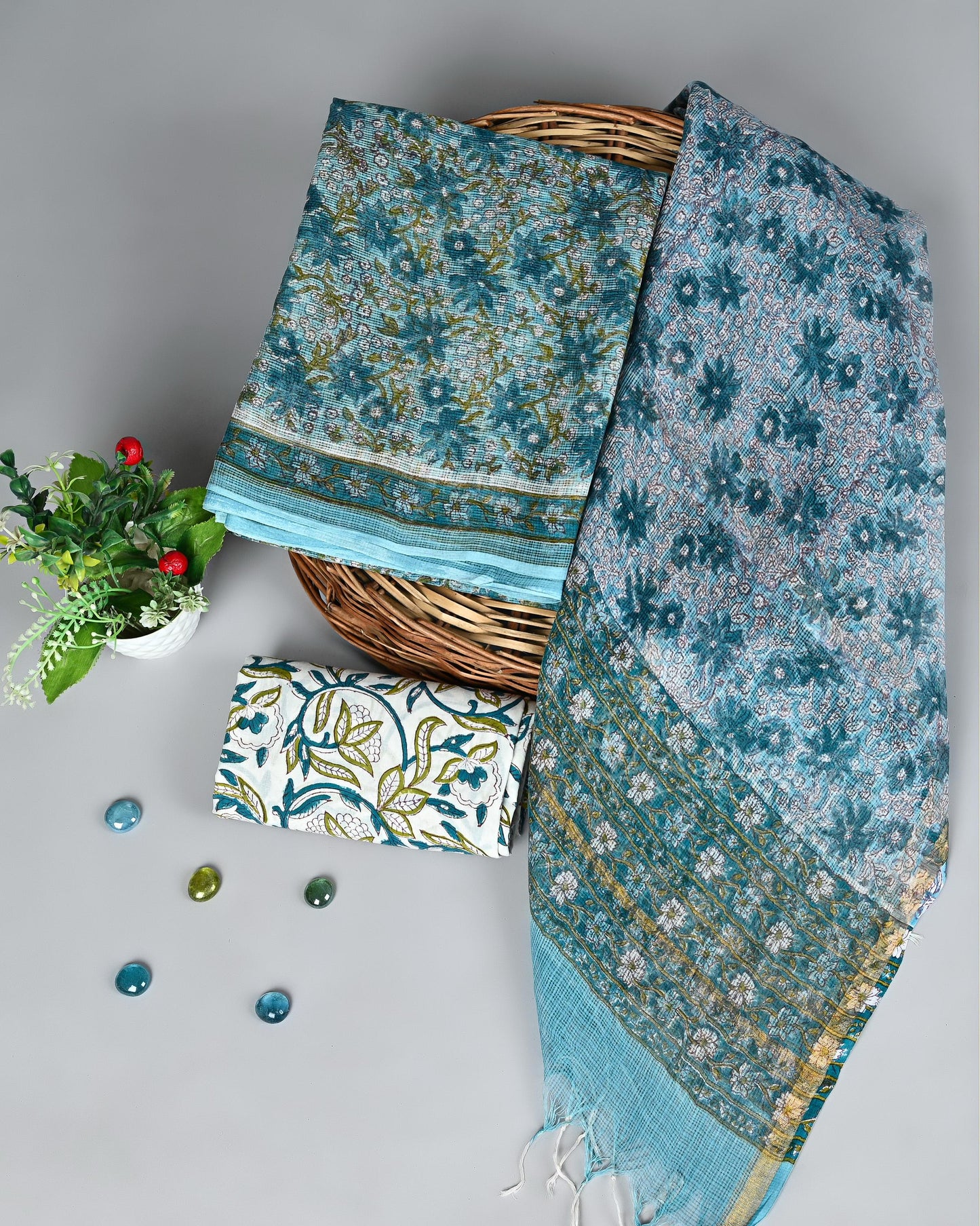 Aqua Vines Handblock Printed Kota Doria Suit Set