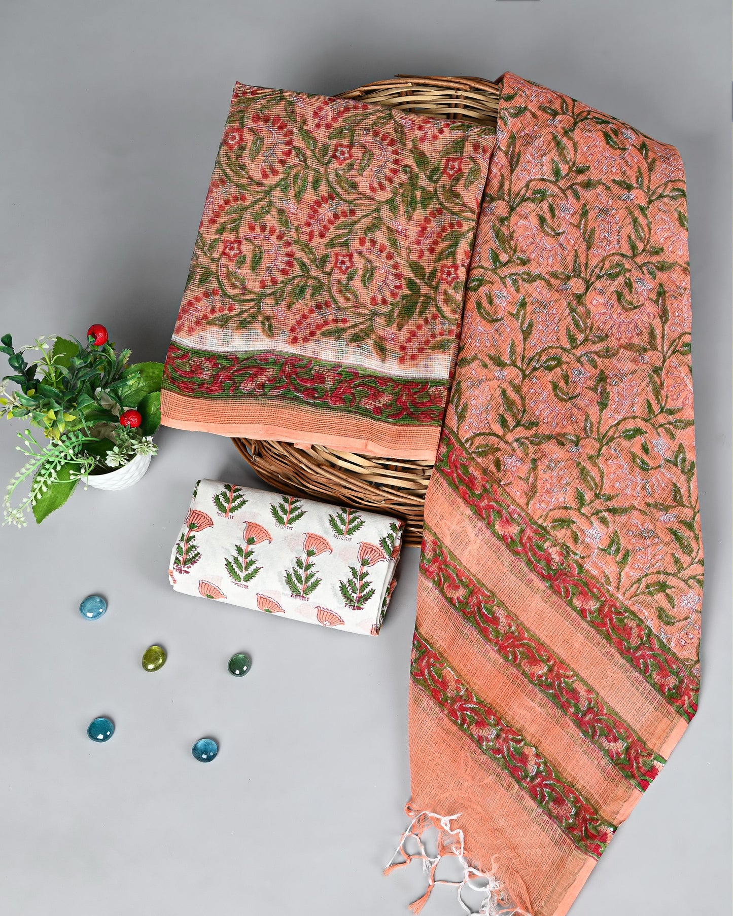 Peach Garden Handblock Printed Kota Doria Suit Set