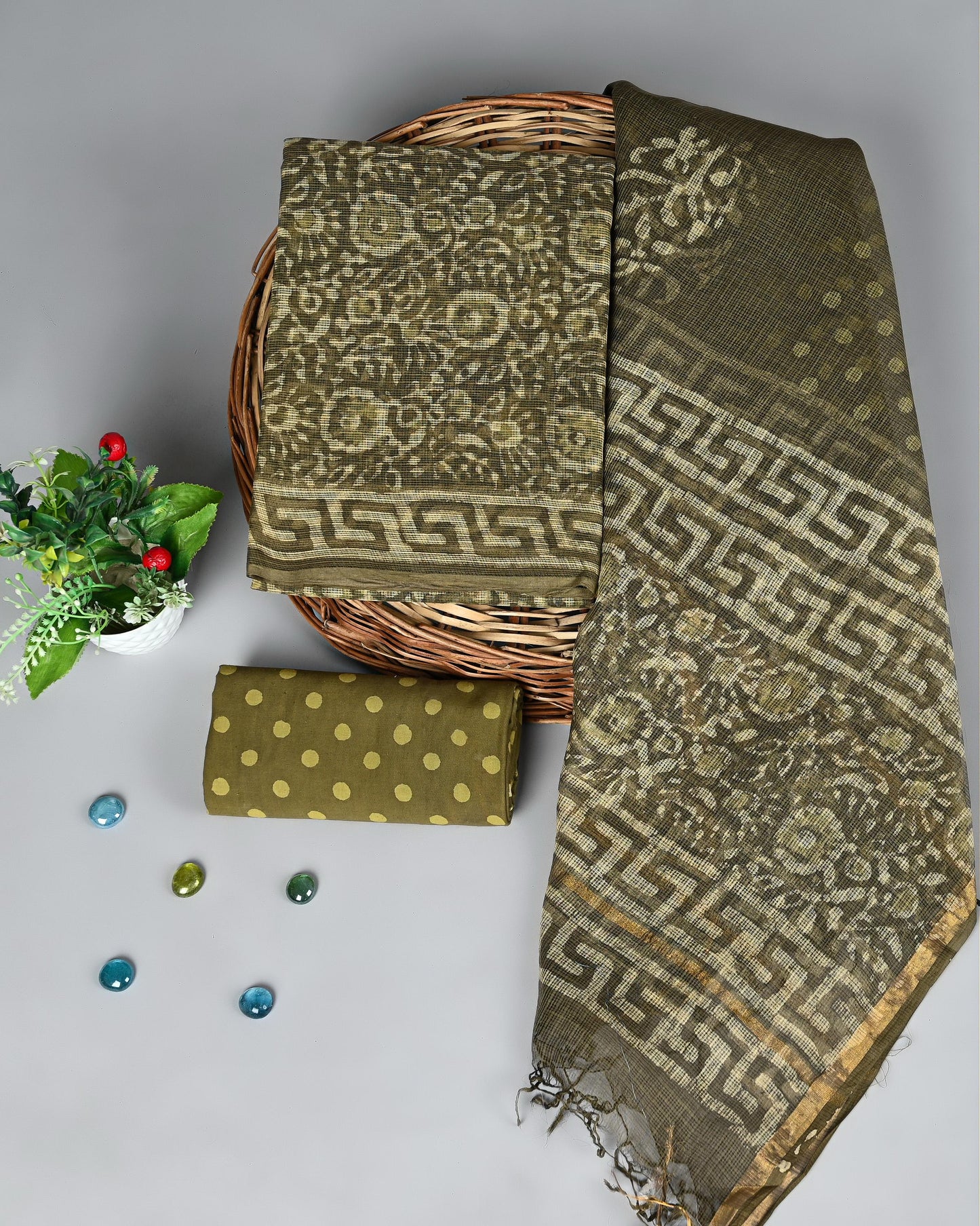 Rustic Olive – Dabu Block Printed Kota Doria Set