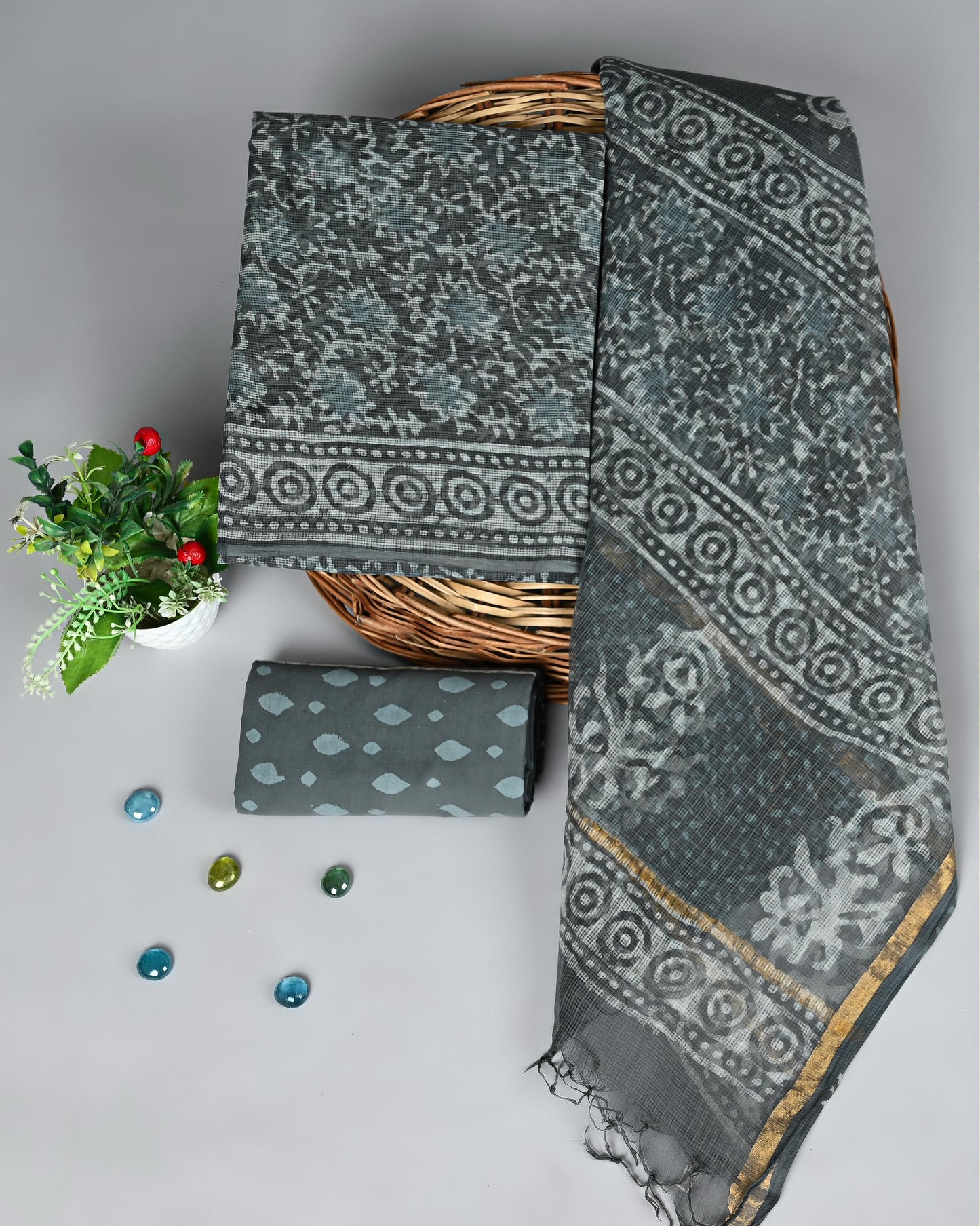 Grey Kota Doria with Traditional Dabu Print