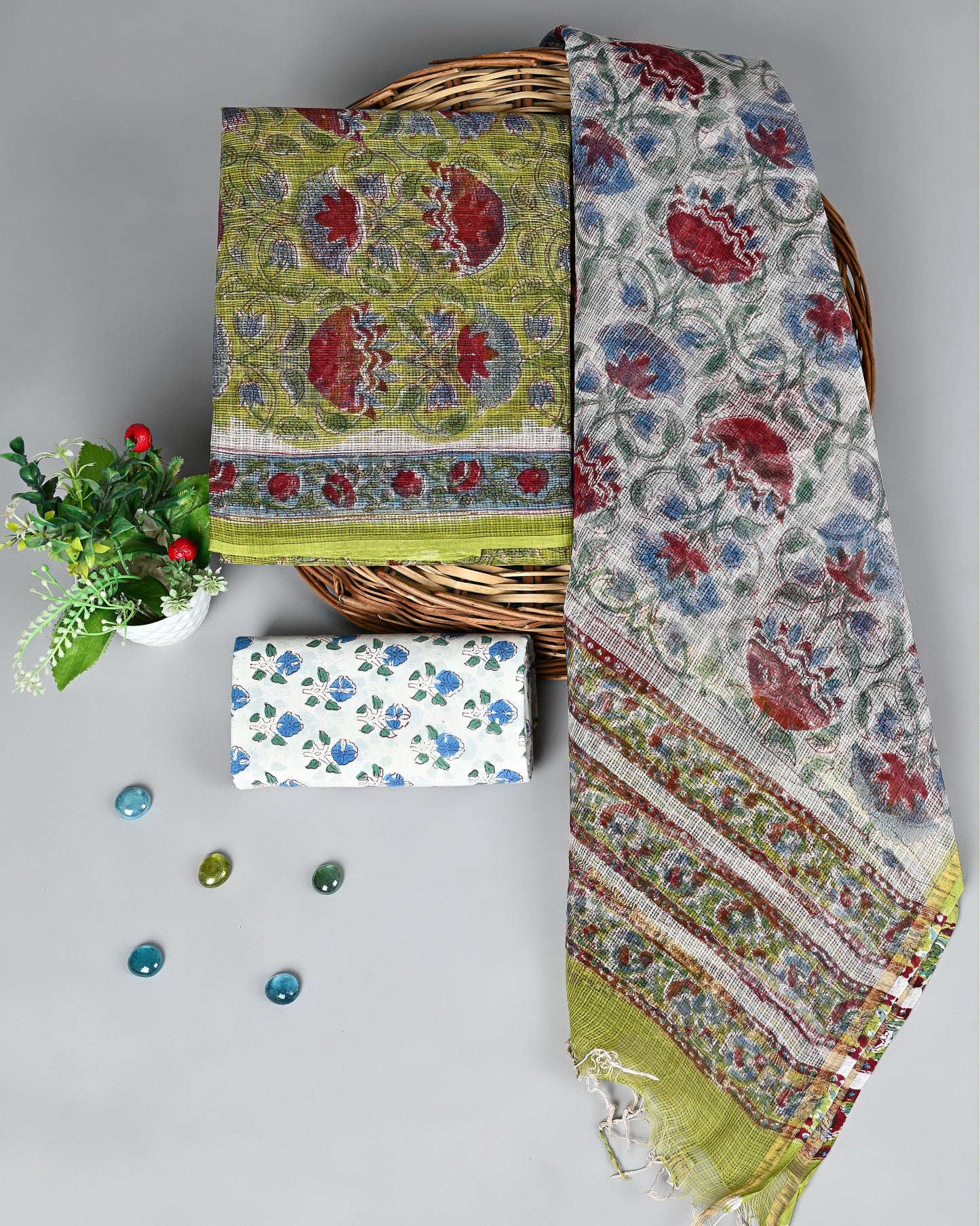 Handcrafted Kota Doria Suit – White & Green with Traditional Floral Motifs