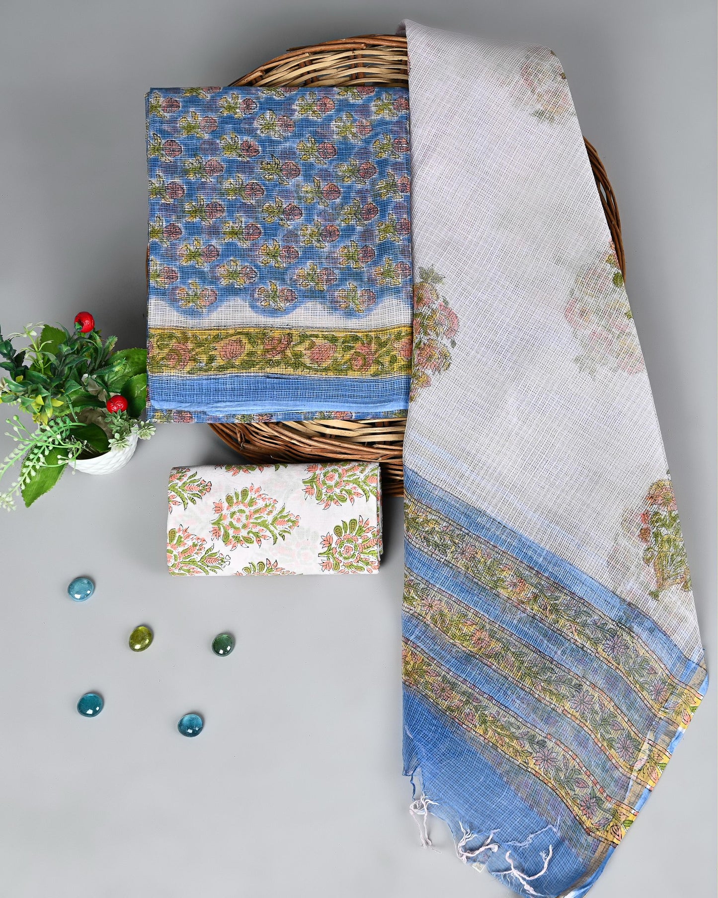 Unstitched Kota Doria Suit Set – Blue Blossom Edition