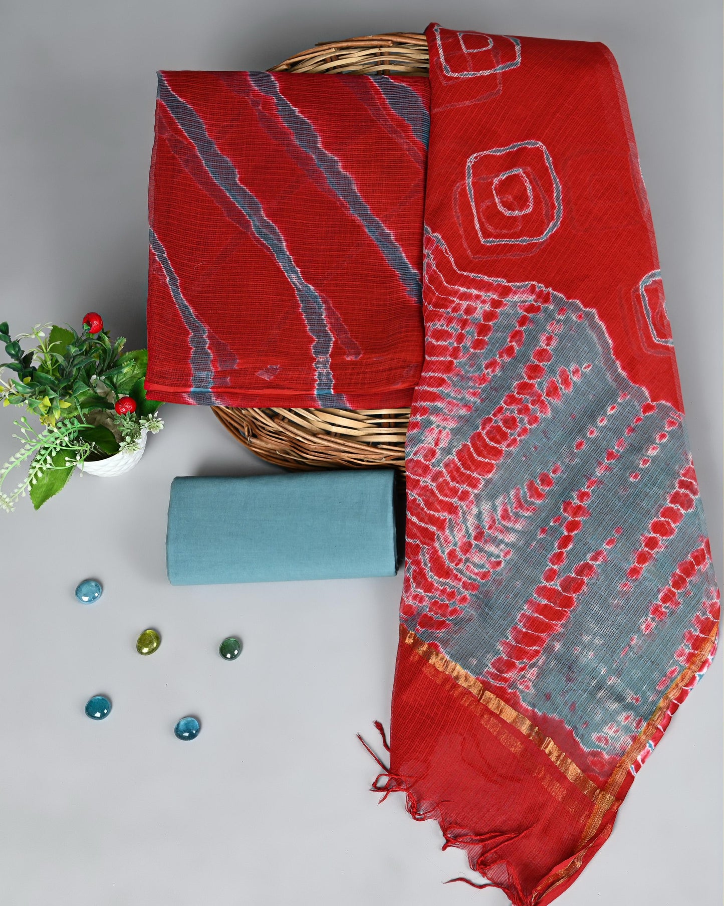 Handcrafted Red & Grey Kota Doria Block Printed Suit Set with Cotton Bottom