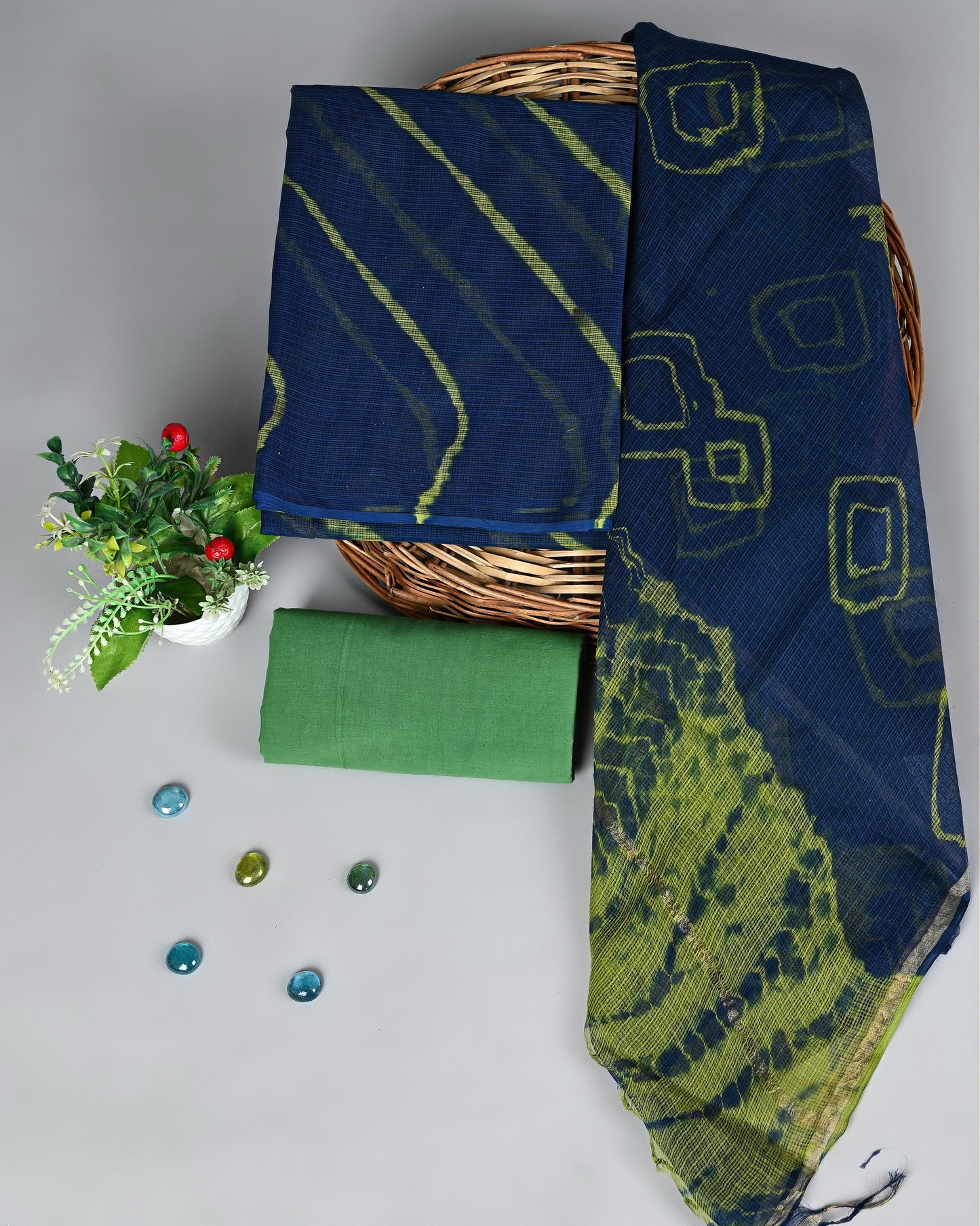 Navy Blue & Green Kota Doria Handcrafted Suit Set with Cotton Bottom