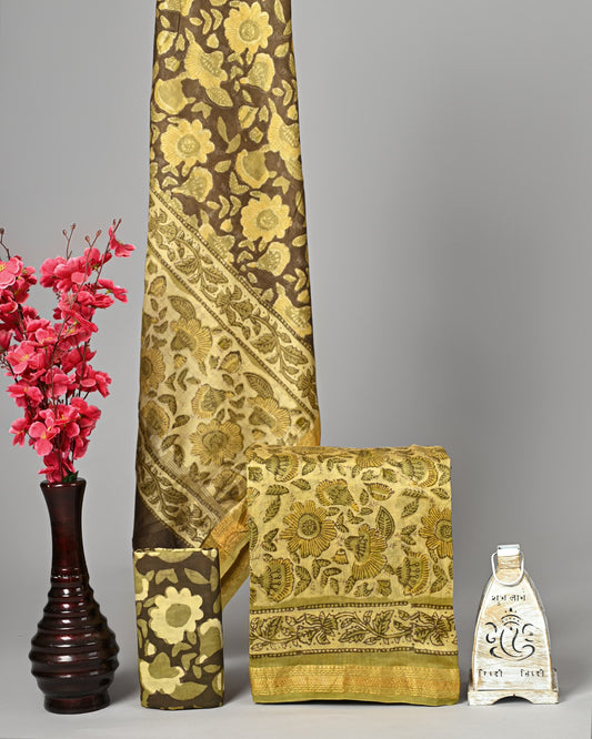 Mustard Floral Ajrakh Handblock Printed Maheshwari Silk Suit Set