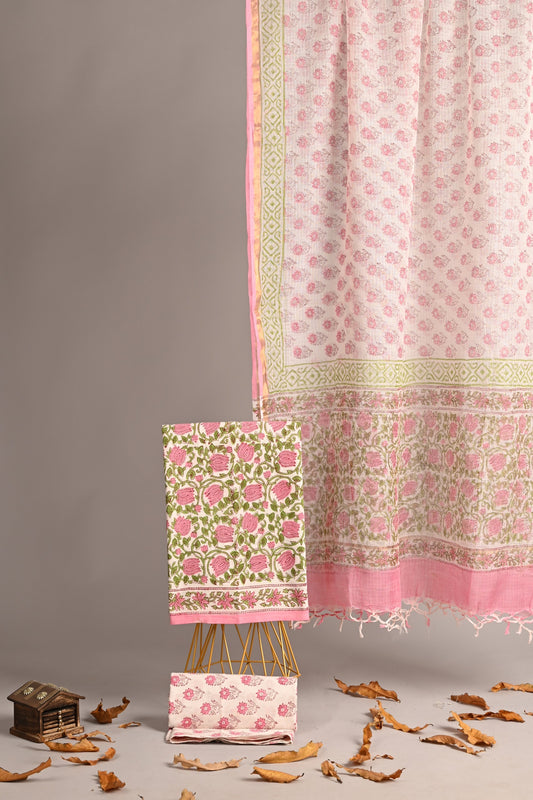 Gulnaar – Pink Handblock Cotton Suit with Kota Doria Dupatta
