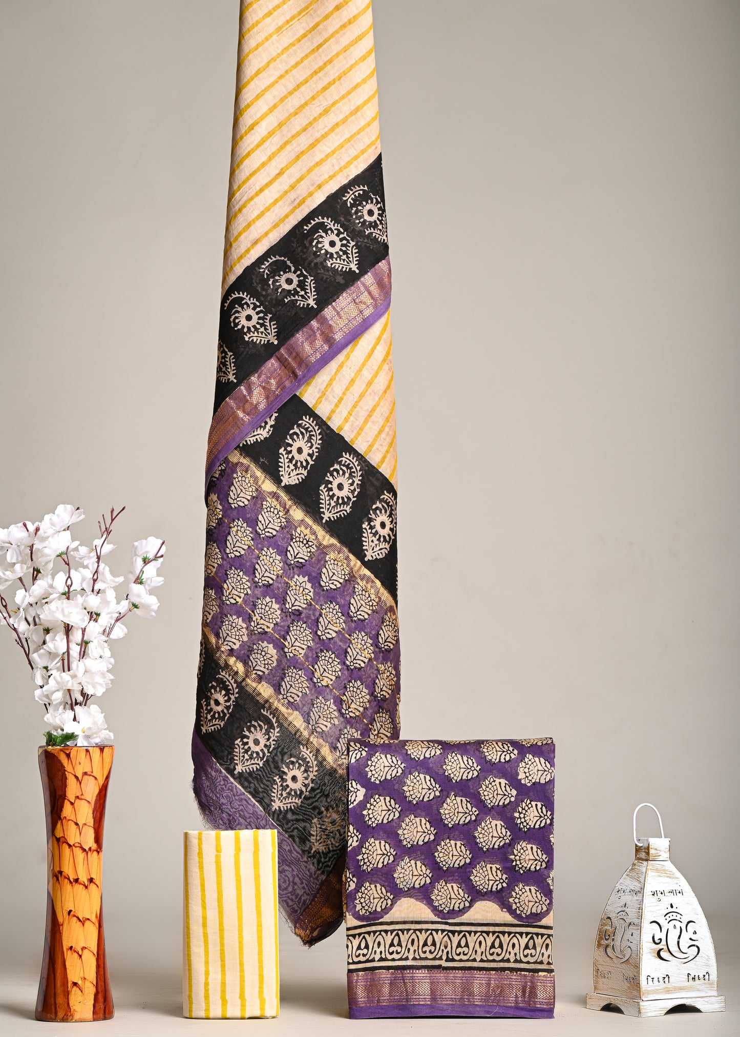 Bagru Handblock Printed Maheshwari Silk Suit – Purple Floral Buti with Yellow Stripes Dupatta